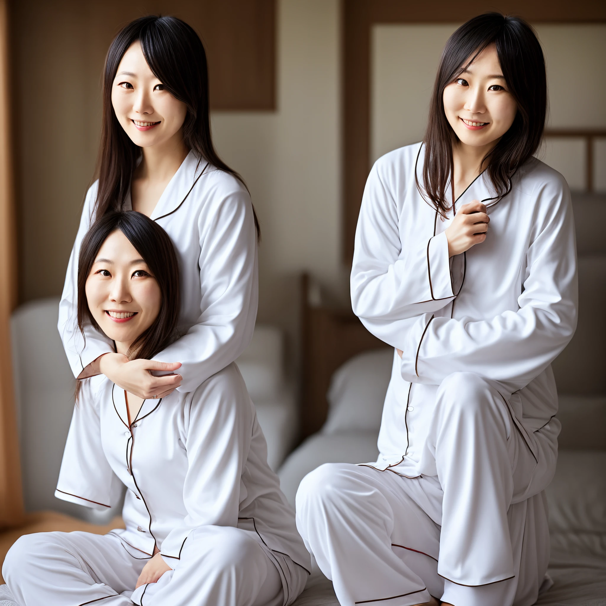 Create an image of a 35 year old Japanese mother dressed in thin white pajamas.