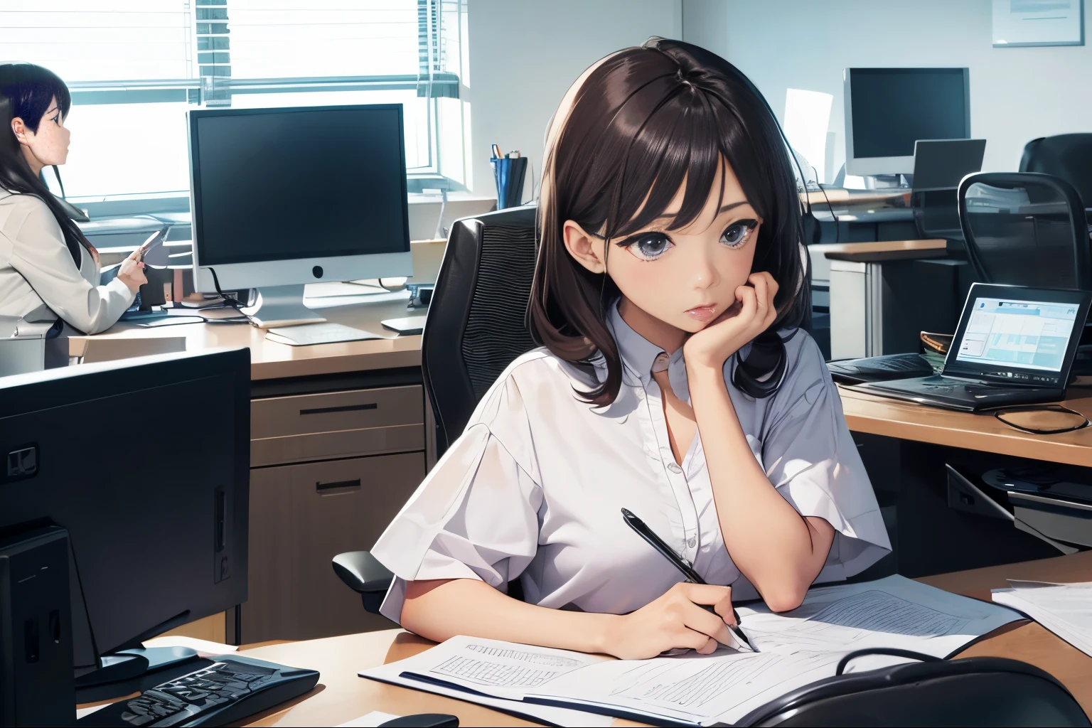 Office lady working on a computer at her office desk、Serious、1girl in