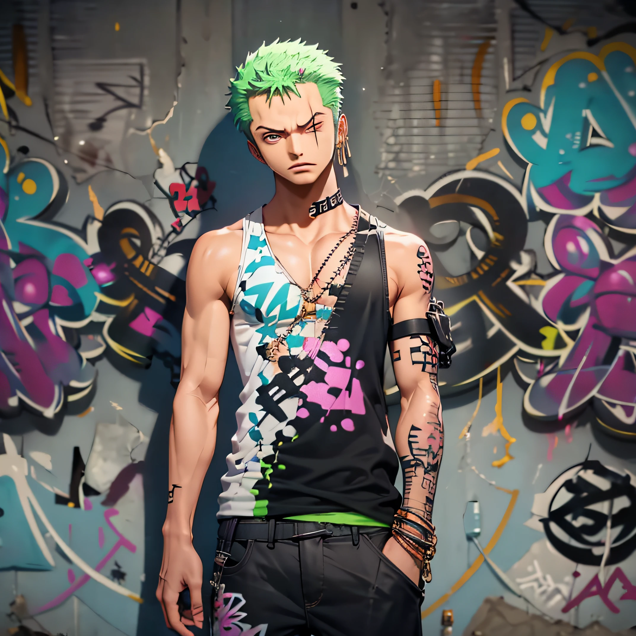 masterpiece, best quality, 1boy, solo, sando top, denim pants, choker, (graffiti:1.5), paint splatter, arms behind back, against wall, looking at viewer, armband, thigh strap, paint on body, head tilt, bored, multicolored hair, aqua eyes, headset, Roronoa Zoro,