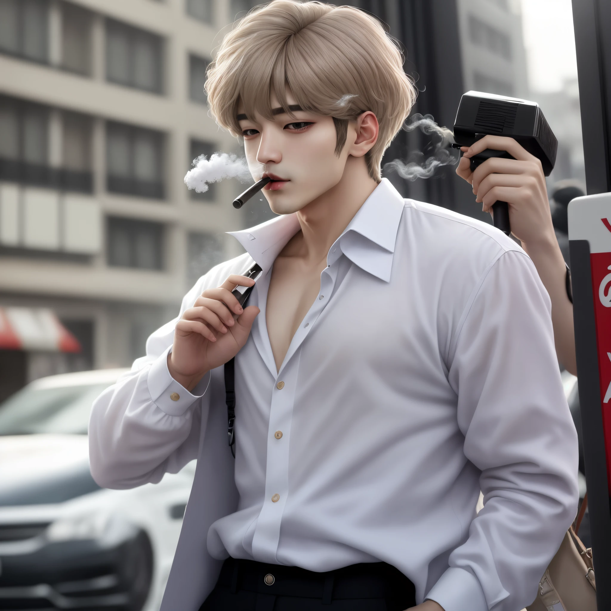 Kim Taehyung fumando con cabello largo