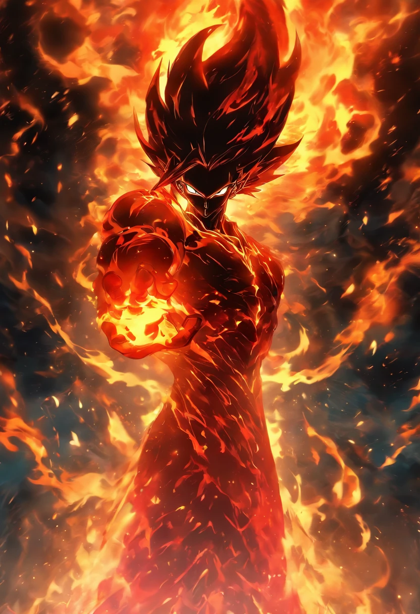Soul Fire Finds Its Mysterious Master, A male figure is enveloped in ethereal flames,reflective crimson etching. His mysterious presence hints at a close connection with infernal forces. A fiery shadow fell over him, The mysterious dance of creation, Destruction and Rebirth, Embodying the eternal cycle of flames.