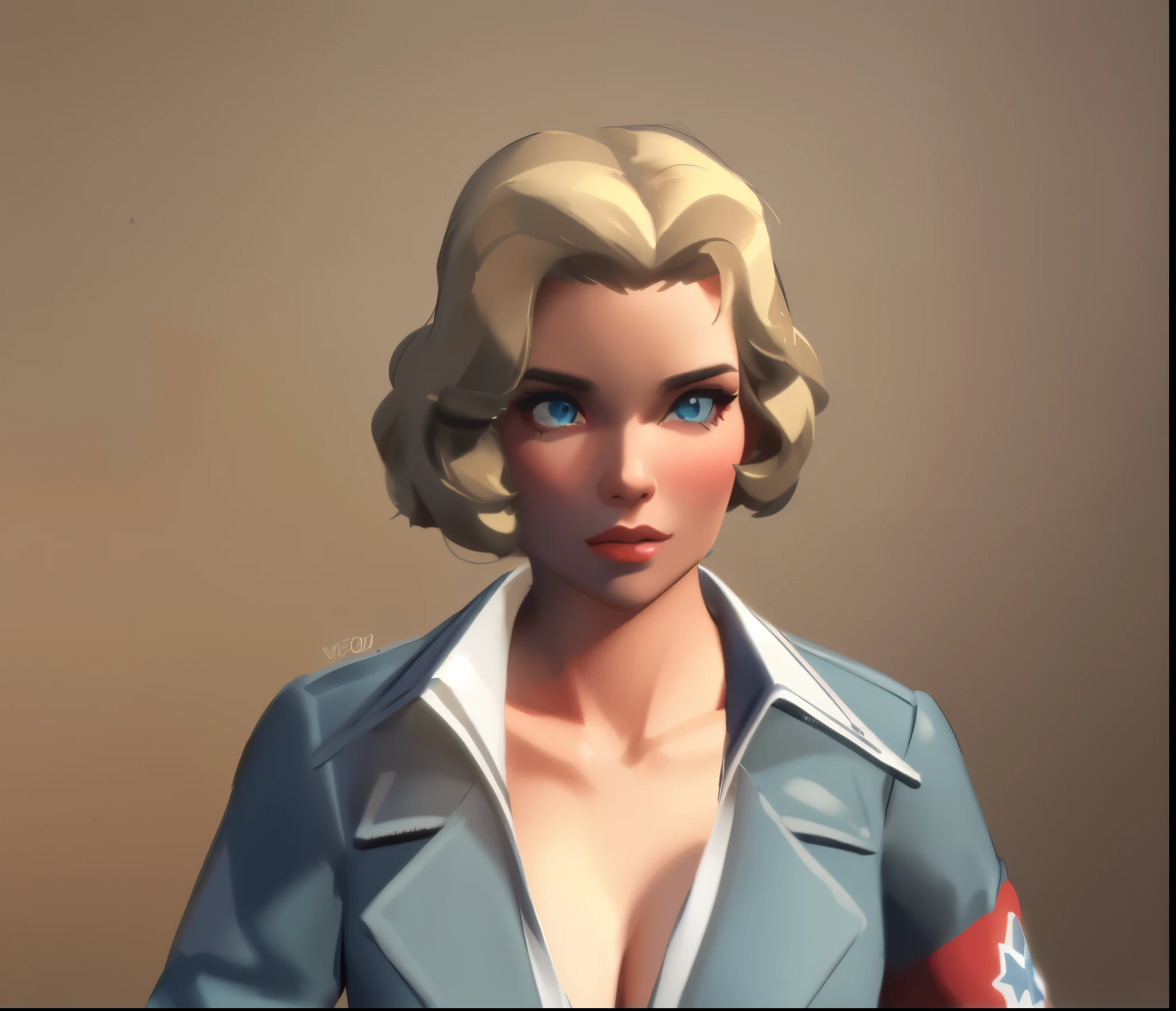 um close de uma mulher com uma jaqueta azul e luvas vermelhas, protagonista feminina, personagem feminina, Personagem close up, valorant character, Personagem de close up, Aventureiro dos anos 40, renderizado em sfm, female spy, Iconic character of high detail, stylized as a 3d rendering, close-up do personagem, closeup retrato de personagem, Closeup da arte do personagem