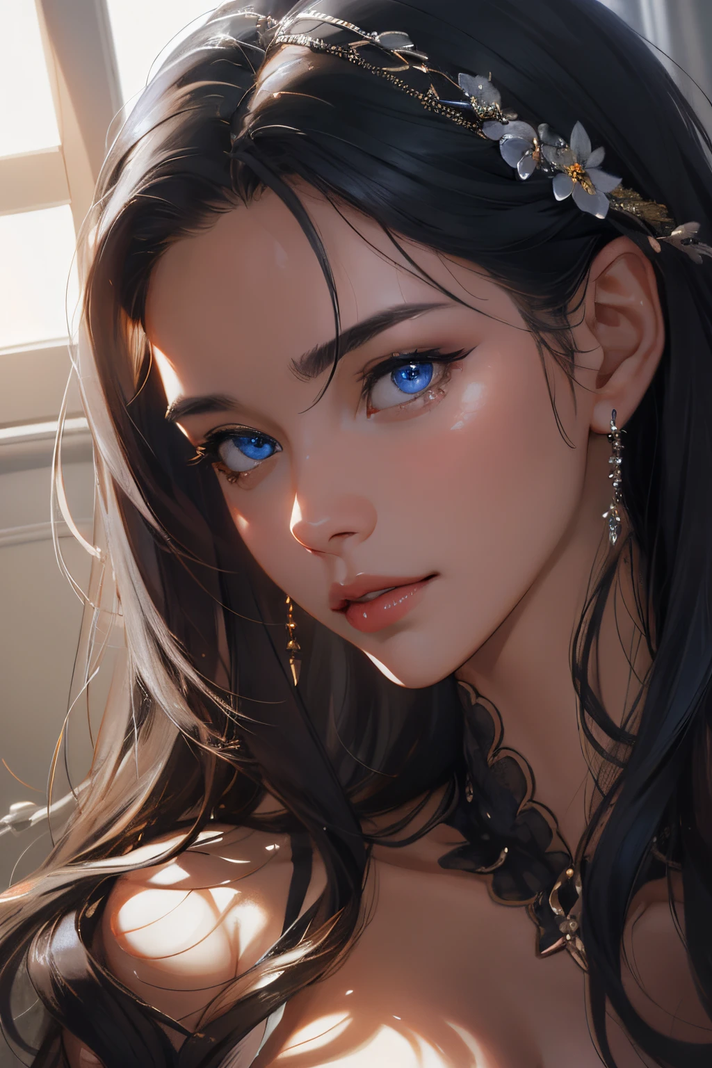 (absurderes,A high resolution,ultra - detailed),high high quality, Best quality, realistically, RAW photos, actual, Hyper-realistic 8k CG, hyper-detailing, k hd, tmasterpiece, 1 girl, 18 years old ols, woman beautiful face, soft face, Elegant, Long gray hair, eBlue eyes, light blue eyes, Close-up cleavage, Complicated details, Detailed texture, Detailed pubic hair, Front face , Female natural body, sexy for, Very beautiful young female face,Fine eyes and detailed face,非常Detailed pubic hair CG 统一 8k 壁纸,Complicated details,sportrait