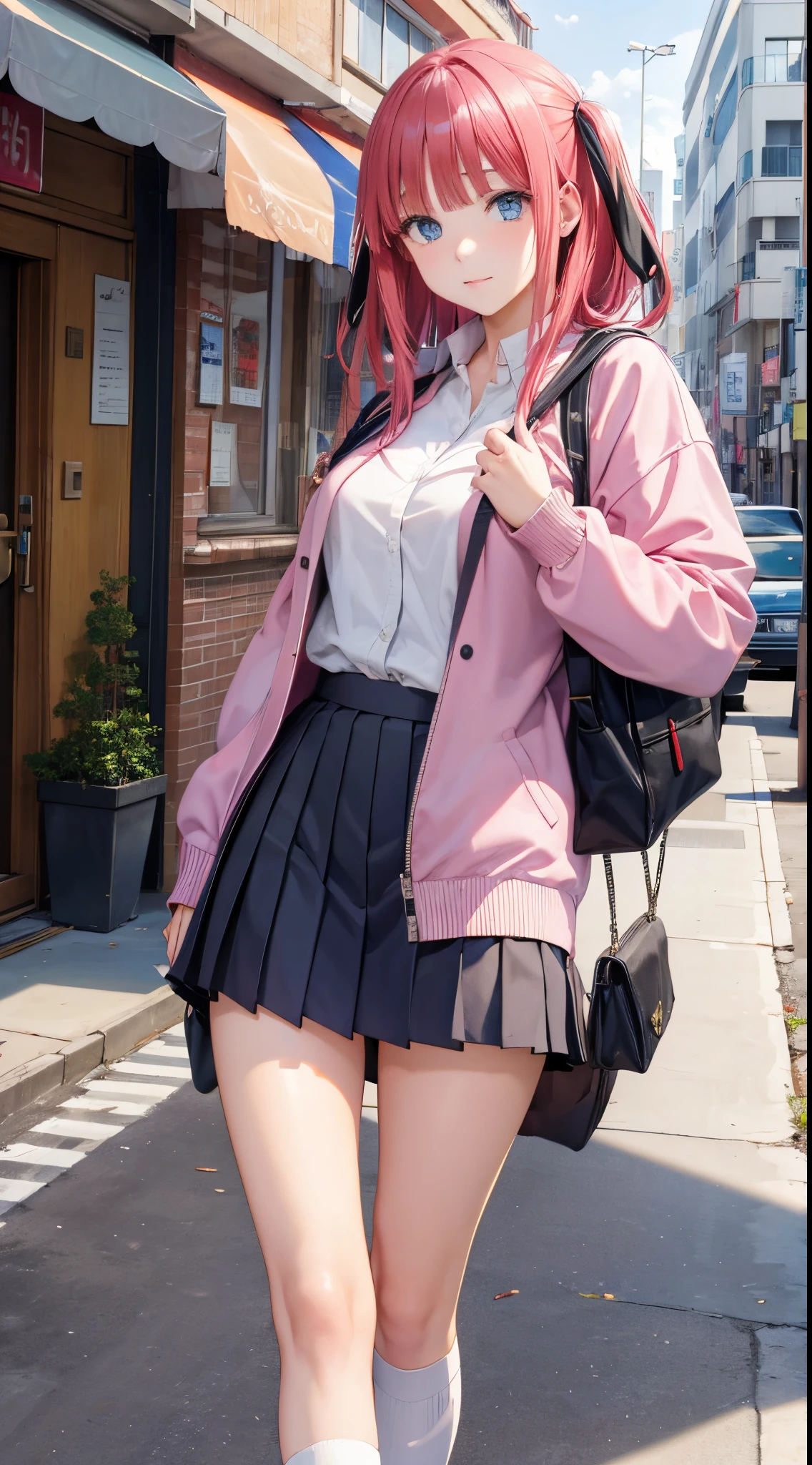 Nino Nakano cabello con coleta,Pose sexy,high school uniform with sweater,medias largas color blancas,mochila,salon de clases