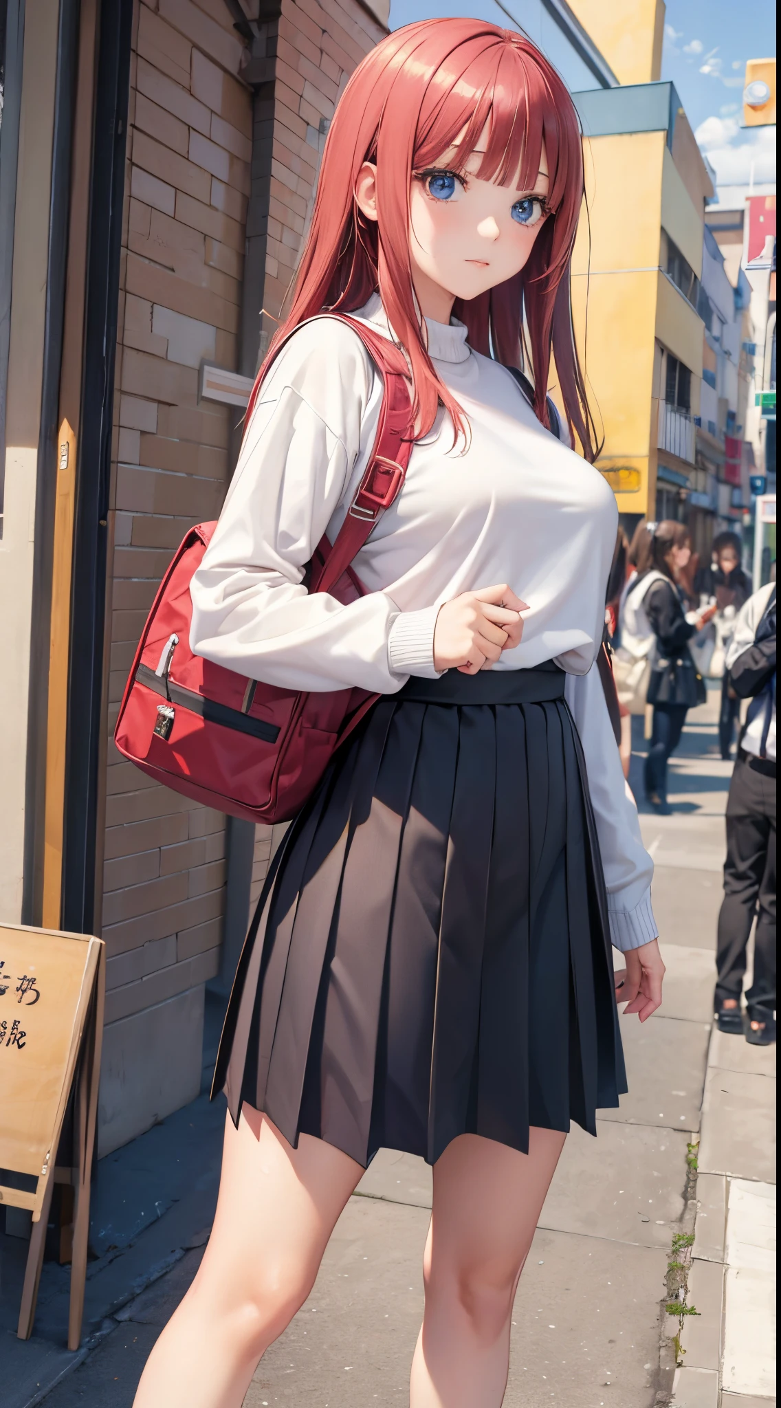 Nino Nakano cabello con coleta,Pose sexy,high school uniform with sweater,medias largas color blancas,mochila,salon de clases