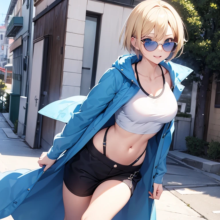 2D Anime Style、Blue eyes、breasts are slightly larger、Blonde Shorthair、cool and beautiful adult woman、Laughing、full body Esbian、Winter outdoor、She wears a short, Sunglasses, Tops that show off her stomach, and long coat.