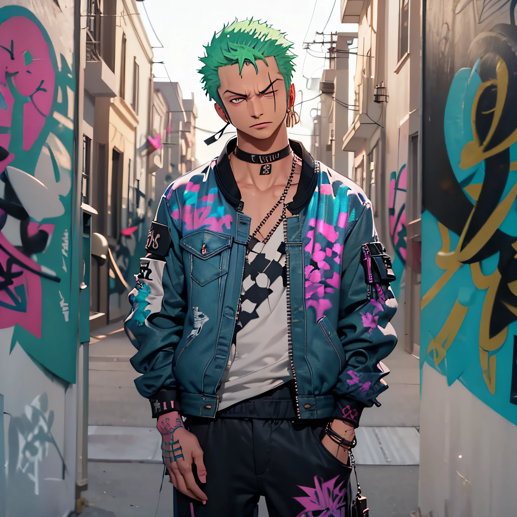 masterpiece, best quality, 1boy, solo, jacket top, denim pants, choker, (graffiti:1.5), paint splatter, arms behind back, against wall, looking at viewer, armband, thigh strap, paint on body, head tilt, bored, multicolored hair, aqua eyes, headset, Roronoa Zoro,