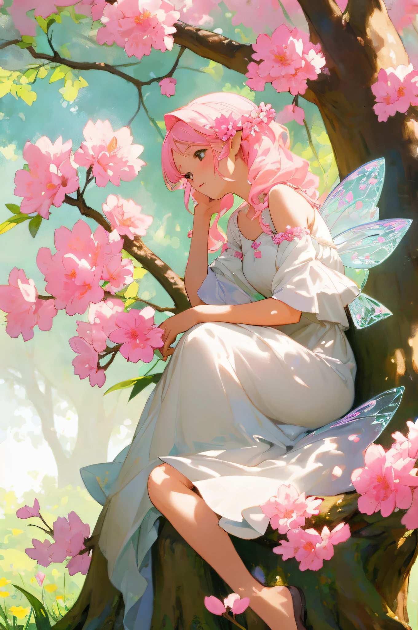 The image features a beautiful fairy sitting on a tree stump, surrounded by flowers. The fairy is dressed in a white dress, and she is surrounded by pink flowers. The scene is painted in pastel colors, creating a serene and enchanting atmosphere.