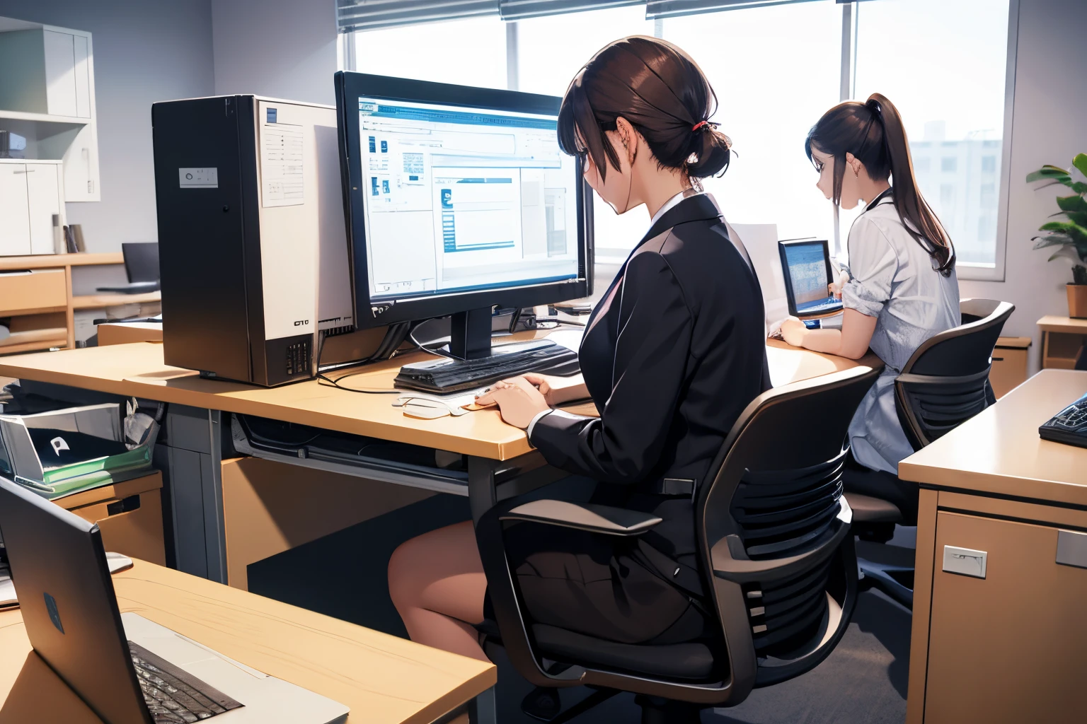 Office lady working on a computer at her office desk、1girl in, serious cover、Brown hair、poneyTail