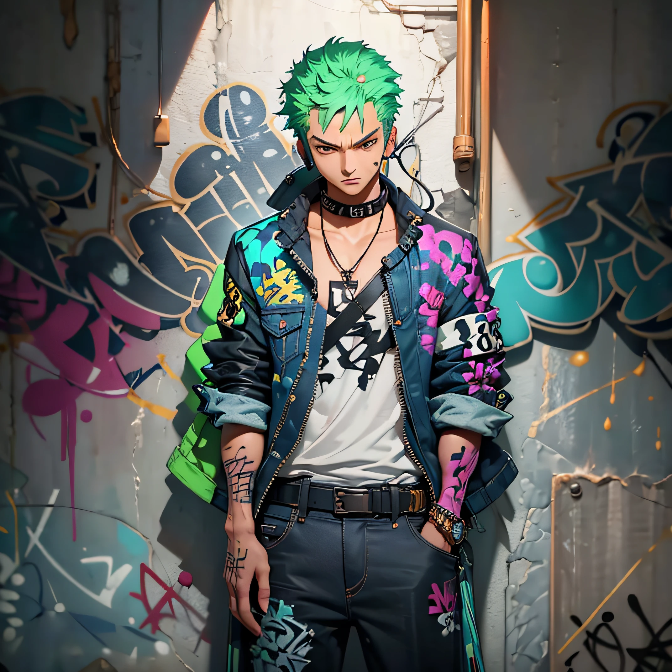 masterpiece, best quality, 1boy, solo, jacket top, denim pants, choker, (graffiti:1.5), paint splatter, arms behind back, against wall, looking at viewer, armband, thigh strap, paint on body, head tilt, bored, multicolored hair, aqua eyes, headset, Roronoa Zoro,