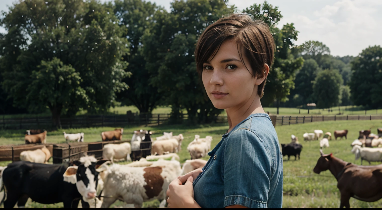 a short-haired female farmer near several farm animals