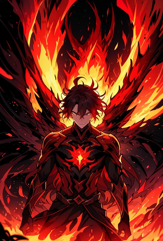 Soul Fire Finds Its Mysterious Master, A male figure is enveloped in ethereal flames，reflective crimson etching. His mysterious presence hints at a close connection with infernal forces. A fiery shadow fell over him, The mysterious dance of creation, Destruction and Rebirth, Embodying the eternal cycle of flames