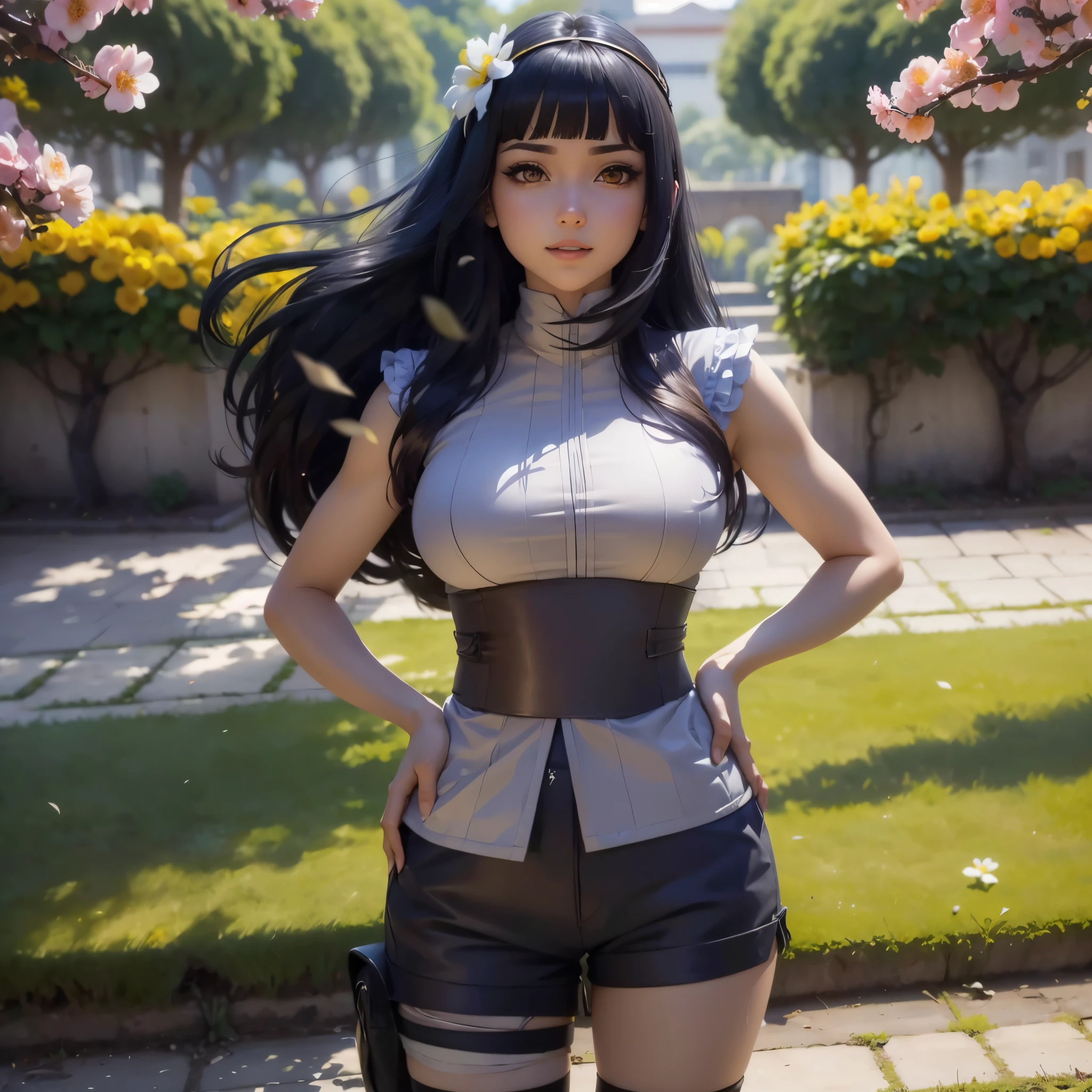 H1N4T4, 1girl, hyuuga hinata, solo, (realista: 0.5), obra-prima, solo, (melhor qualidade, perfeito detalhado, rosto lindamente detalhado, olhos detalhados), brilhante brilhante, ray tracing, DOF, HDR, gradient eyes, sharp eyelashes, ((Cilia)), mascara, detail_face, Cilia, cabelo brilhante, flerte, sorriso sedutor, separated-lips, middlebreasts, (soft particles floating: 1.1), ((olhando para o espectador)), (pose de companheiro de jogo: 1.1), (corpo inteiro: 1.1), (papel de parede de 8k)), ((altas)), cabelos longos, cabelos pretos, olhos brancos, (shorts:1.2), hand on hip, franja, corpo inteiro, standingn, blurry, olhando para o espectador, mangas compridas, sorriso, (grama: 1.4), (tree:1.2), (flor de cerejeira:1.3), (blue skies:1.3), (sol),