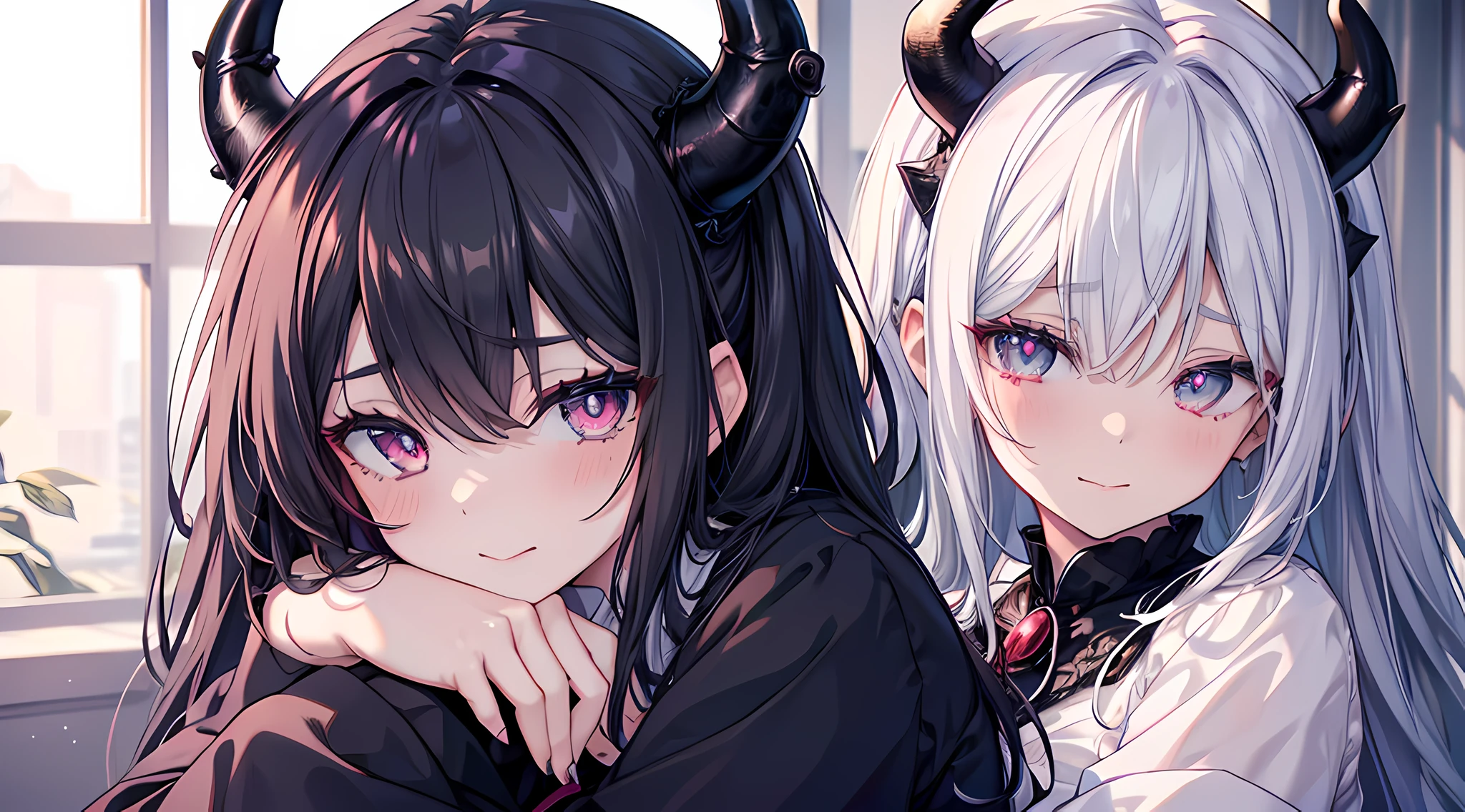 2 woman, demon girl, demon horns, hugging each other in bedroom, blushed face, black shirt, white skirt, beautiful eyes finely detailed, big breast, a picture by Shitao, pixiv, anime girls, seductive smile while unbutton her shirt, licking her own lips, (beautiful detailed eyes:1.6), extremely detailed face, perfect lighting, extremely detailed CG, (perfect hands, perfect anatomy).