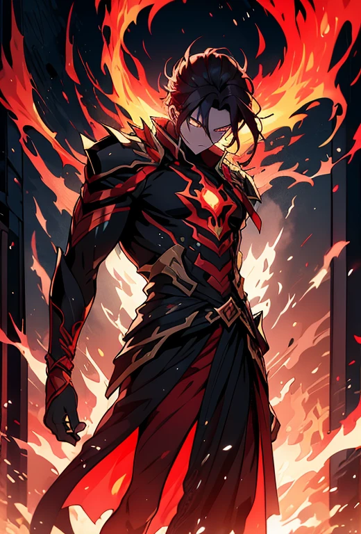 Soul Fire Finds Mysterious Owner, A male figure is enveloped in ethereal flames，Reflective crimson etching. His mysterious presence hints at a close connection with infernal forces. A fiery red shadow fell on him, The mysterious dance of creation, Destruction and Rebirth, Embodying the eternal cycle of flames