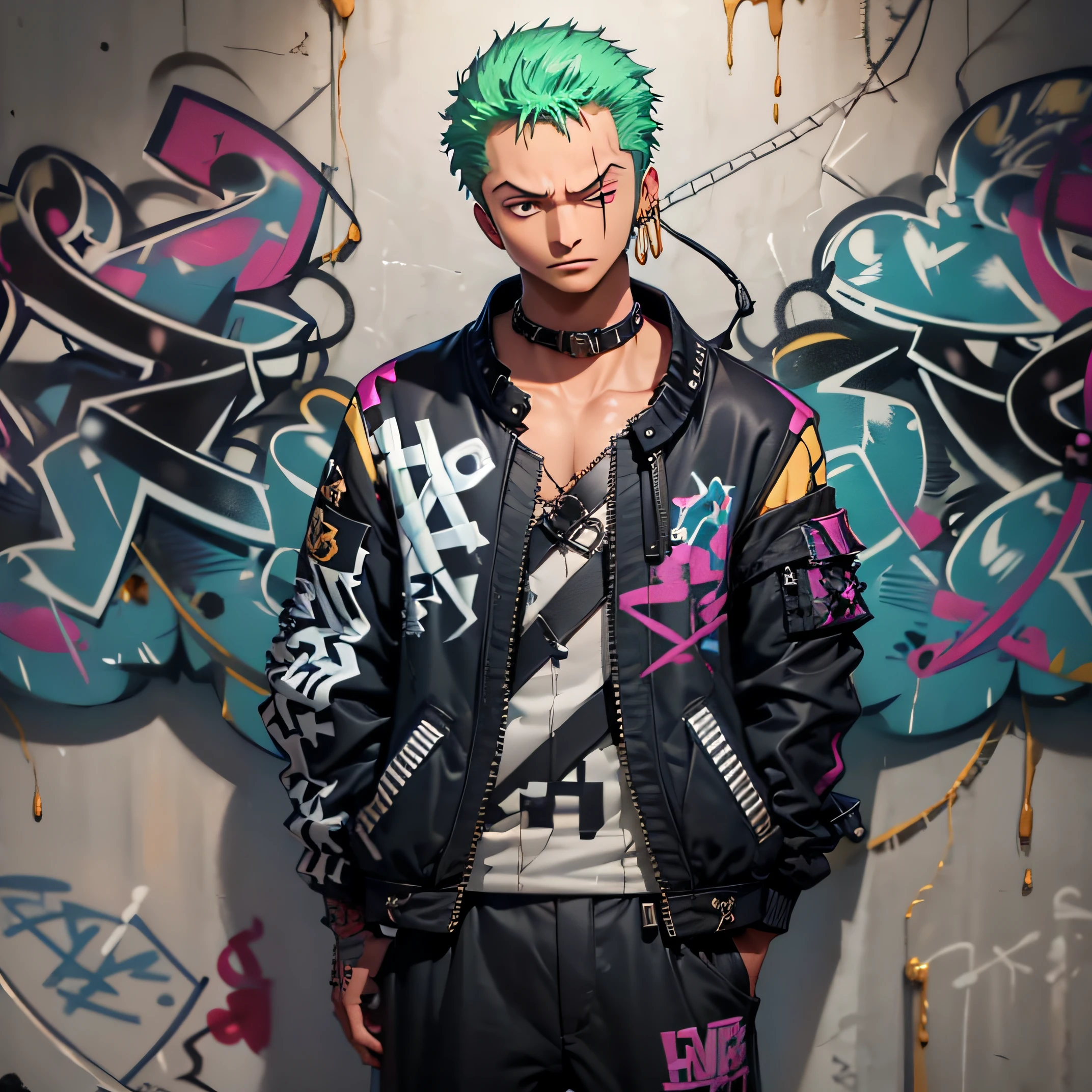 masterpiece, best quality, 1boy, solo, jacket top, denim pants, choker, (graffiti:1.5), paint splatter, arms behind back, against wall, looking at viewer, armband, thigh strap, paint on body, head tilt, bored, multicolored hair, aqua eyes, headset, Roronoa Zoro,