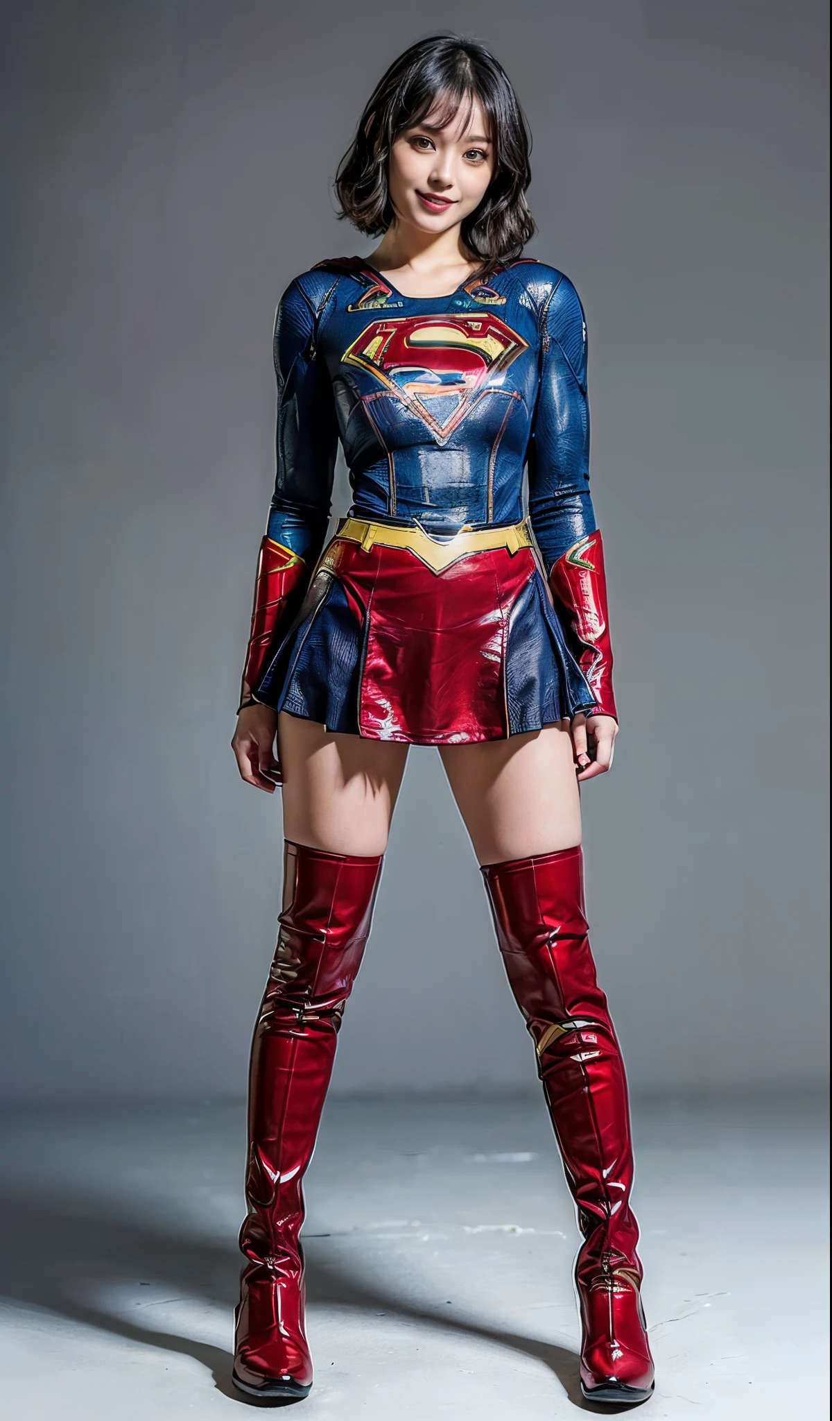 Suffering、mouth is always open sloppily、Drool is always dripping from my mouth、Asian Beautiful Girl、(((Wear black tights on your beautiful legs.)))、(((beauty legs)))、(((facial expression of smile)))、((((Make the most of the original image)))、(((Supergirl Costume)))、(((a short bob、beautiful hairl)))、(((Suffering)))、(((Feet must necessarily be worn with black tights)))、(((You need to wear red boots)))、((Top image quality、8K))、((top-quality、8K、masterpiece:1.3))、(((Keep your background simple)))、Crisp focus:1.2、Beautiful woman with perfect body shape:1.4、Slender Abs:1.2、a wet body:1.5、Highly detailed facial and skin texture、8K、beauty legs