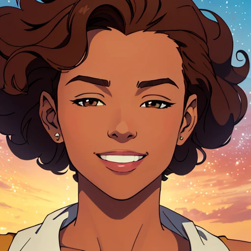 ((best quality)), ((masterpiece)), (detailed), perfect face, wide smile, kind eyes, squinting, brown eyes, tan skinned woman, tan skin, tanned, brown curls, curly hair, curled hair, brown hair, floating stars, expression