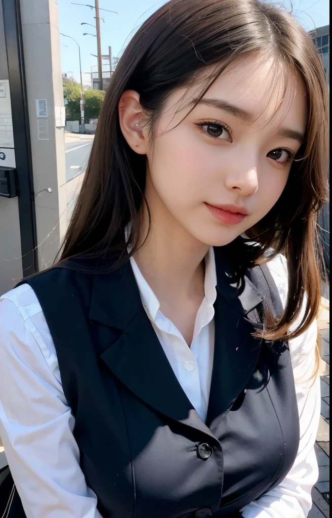 best quality, masterpiece, 1girl, Beautiful face, (photo realistic:1.3), rim lighting, (high detailed skin:1.2), 8k uhd, dslr, high quality, high resolution, 4k, 8k, Bokeh,  absurdres, best ratio four finger and one thumb, (realistic:1.3), cute 1girl, wearing black formal blazer, medium breasts, short skirt,