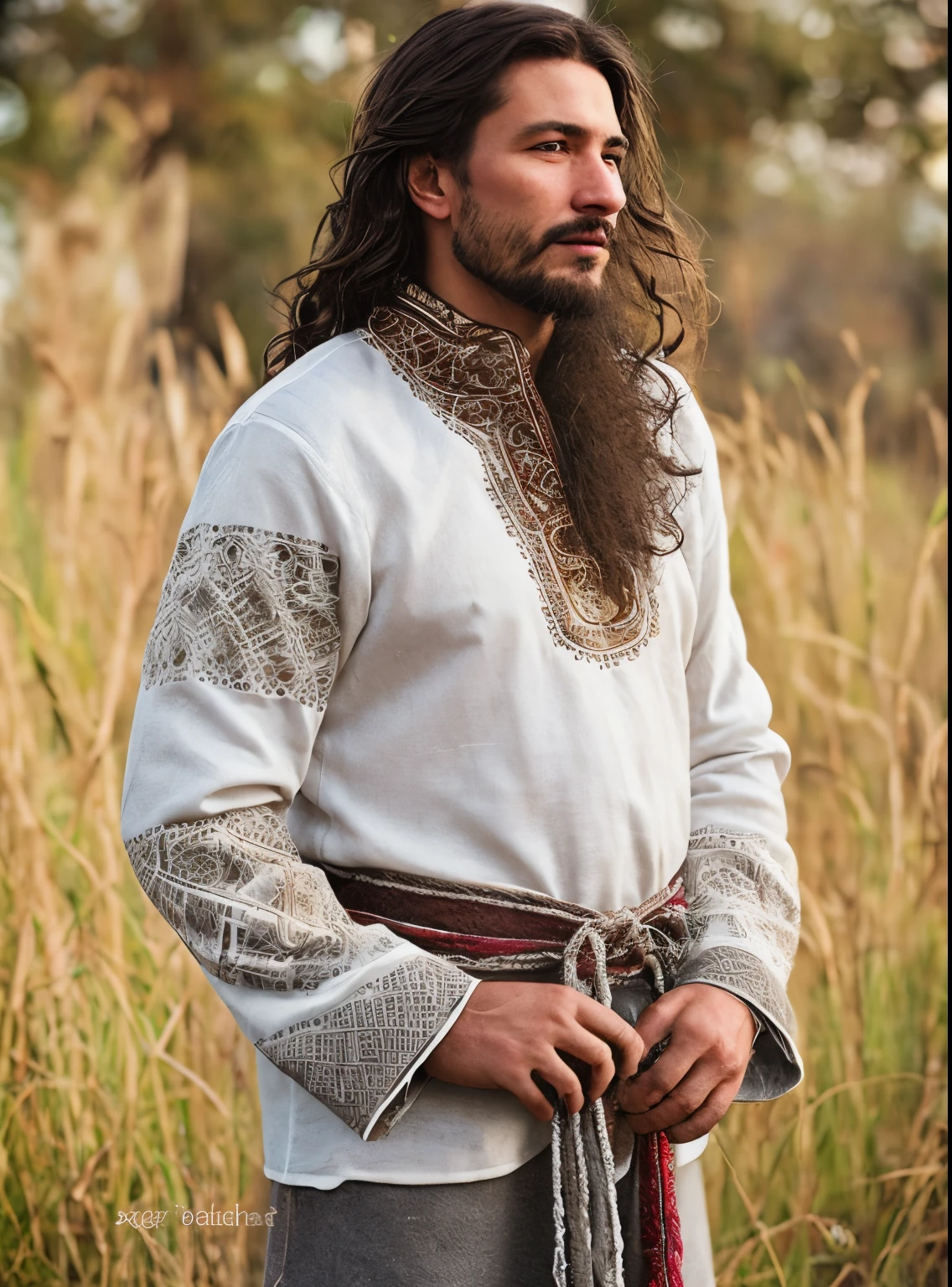 a village man with disheveled hair, embroidery, village, natural skin texture, hyperrealism, soft light, sharp, intricate details, hdr, hyperdetailed,