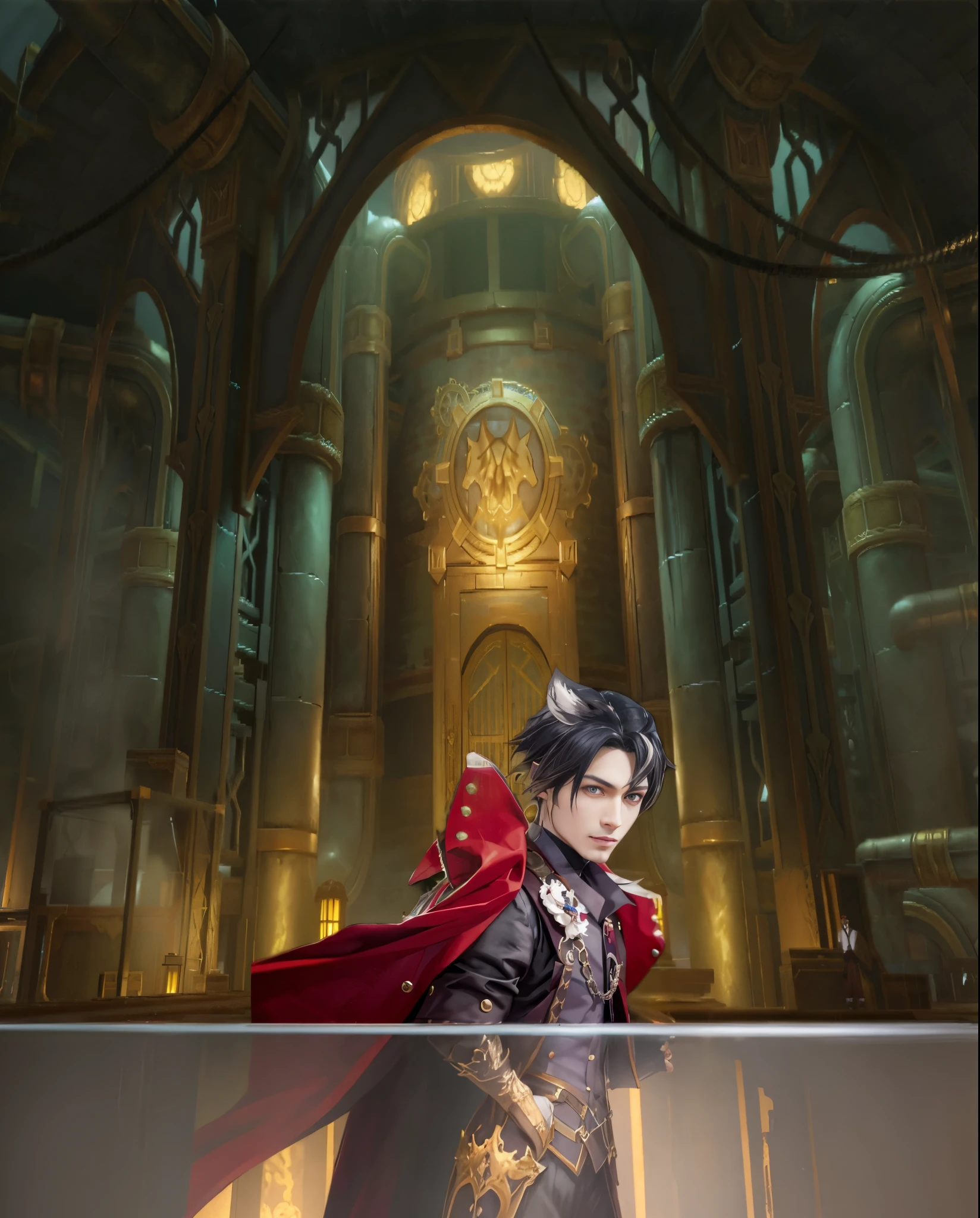 Anime - Imagen de estilo de un personaje masculino vestido con una capa roja y un traje negro, Alucard, Desde NCSOFT, juego CG, por Ni Yuanlu, Concepto de anime HDR Anime MacManus, por Yang J, 2. 5 d cgi anime fantasy artwork, por Arthur Pan, Arte oficial del personaje, Arte clave, Concepto de personaje de Shadowverse