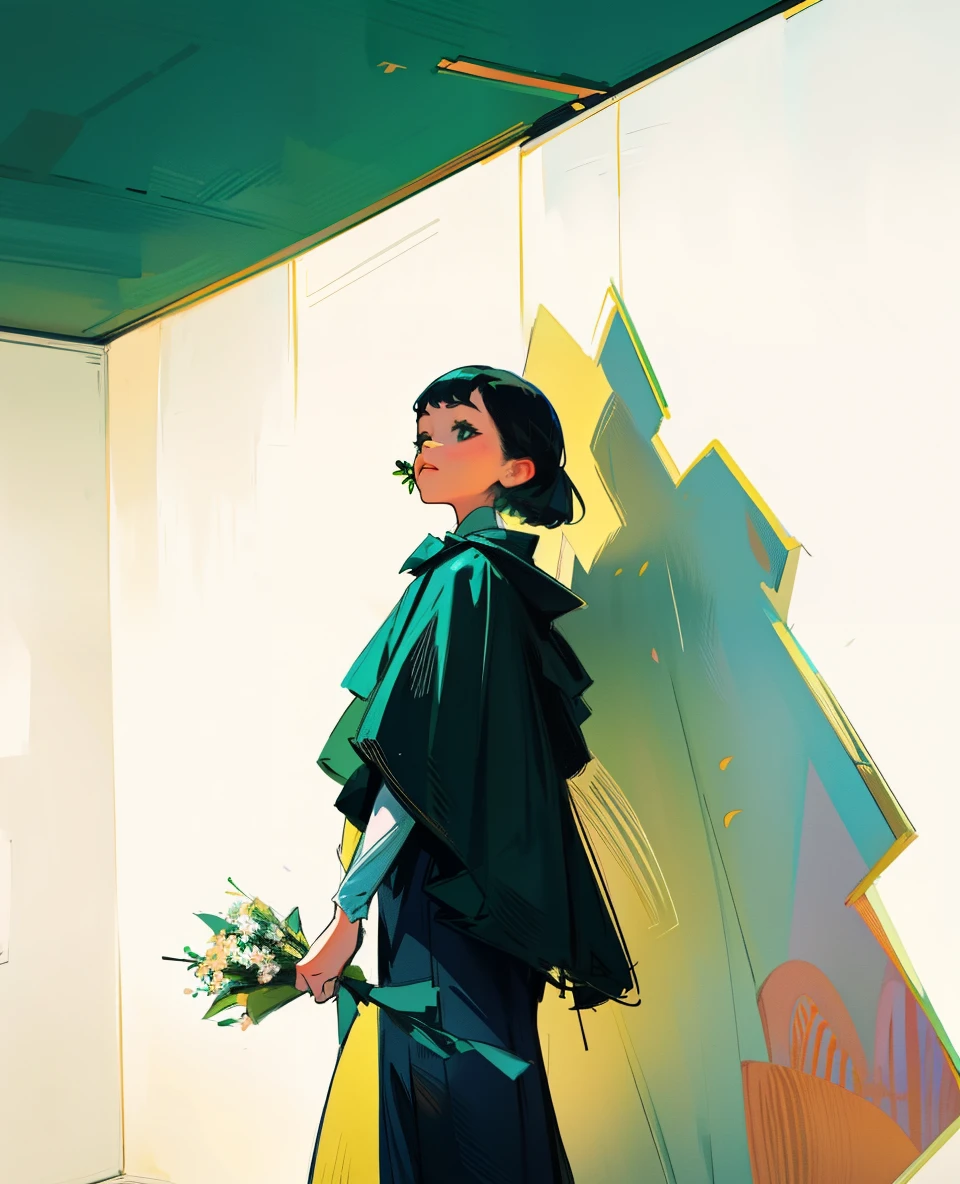 a woman standing in front of a white wall holding a bouquet, with short hair, lofi girl, with ivy, with teal clothes, with flowers, low quality photo, with cape, green clothes, photoshoot, smooth in _ the background, lofi girl aesthetic, 🤤 girl portrait, casual pose, dressed with long fluent clothes, aesthetic!!, simple aesthetic