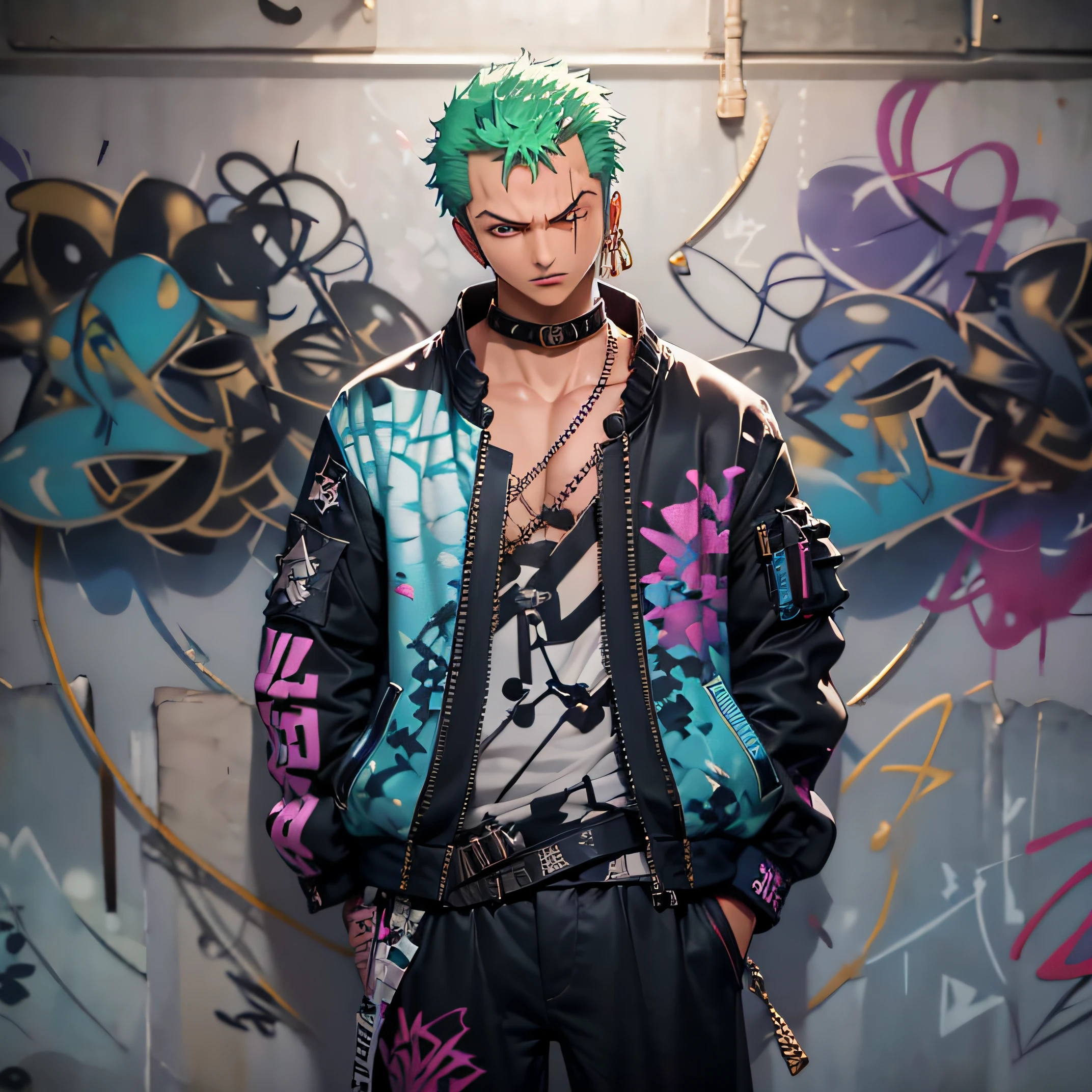 masterpiece, best quality, 1boy, solo, jacket top, denim pants, choker, (graffiti:1.5), paint splatter, arms behind back, against wall, looking at viewer, armband, thigh strap, paint on body, head tilt, bored, multicolored hair, aqua eyes, headset, Roronoa Zoro,