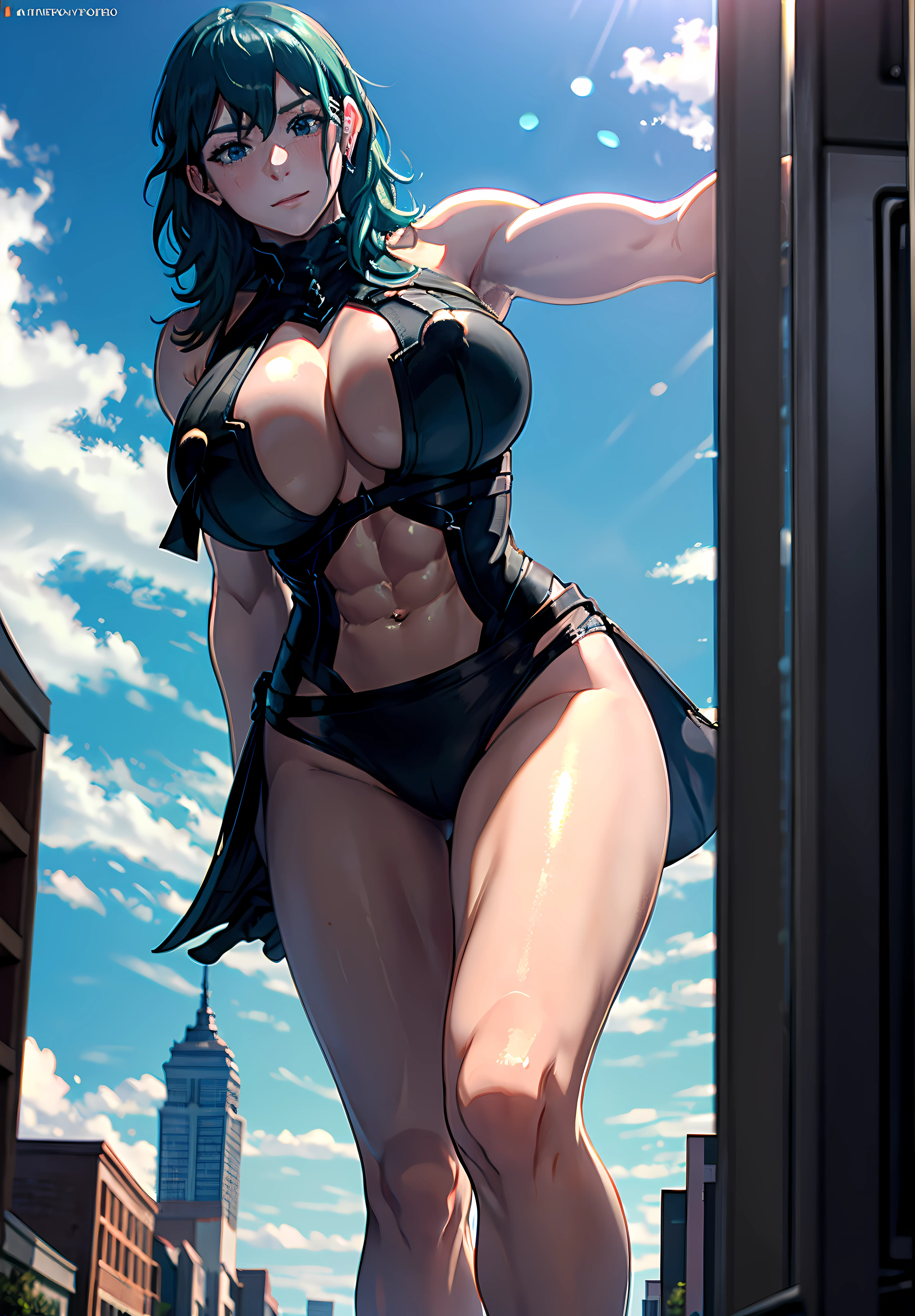 masterpiece, best quality, highres, high quality, collage, perfect image, 1girl, fem_byleth, abs, long legs, bare shoulders, toned muscles, biceps, triceps, face, gentle smile, blush, collarbone slim legs, underboob, aroused, (gigantic breasts:1.4), detailed hands, open sky, (GTS), giantess, standing on a street, inside a city,