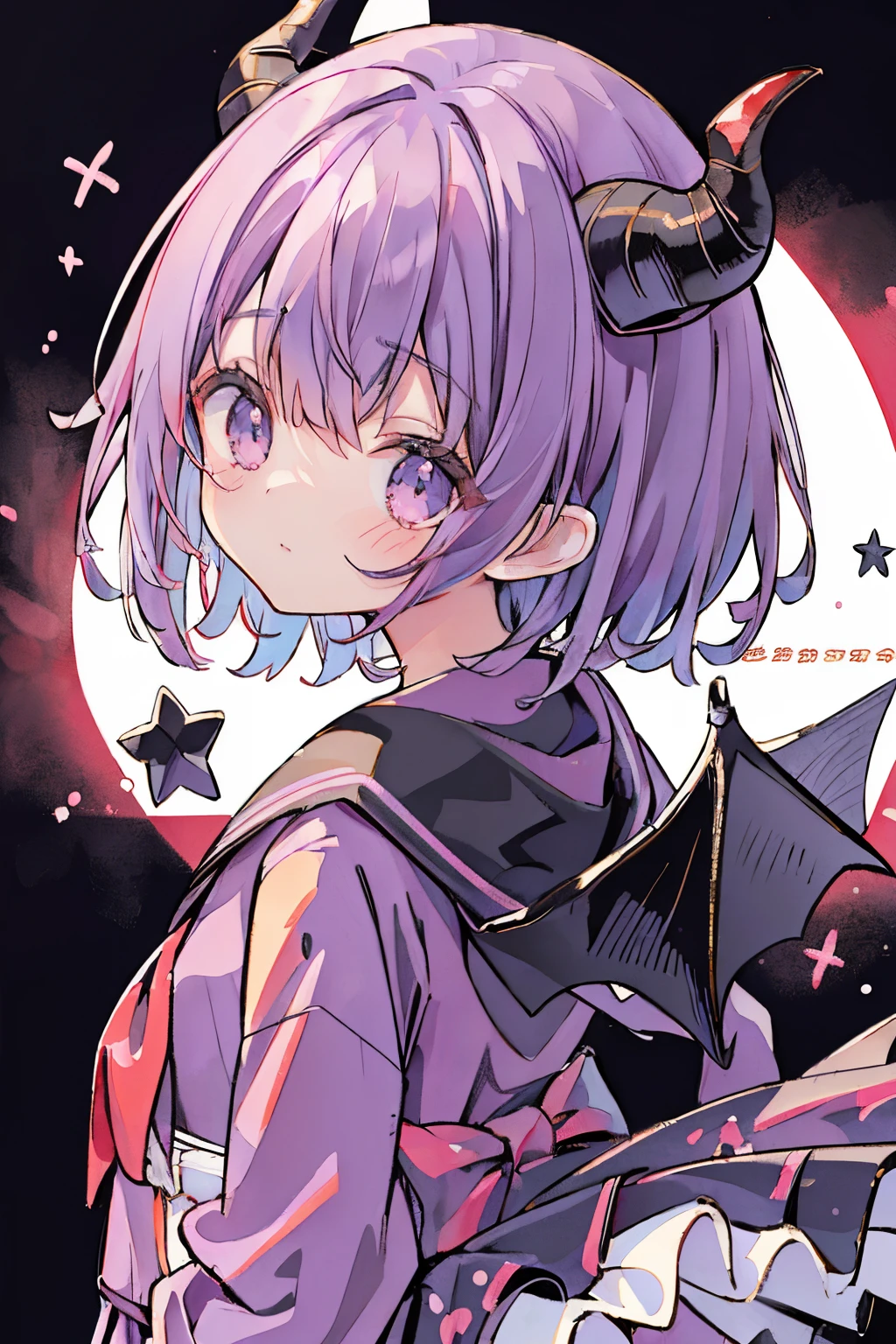 absurderes, hight resolution, (Anime style:1.1), ((masutepiece)), ((Best Quality)), (Ultra-detailed), (Beautiful), 独奏, Beautiful face、 s,Purple hair、Hair long、long、Pink eyes、Hair flutters in the wind、Purple sailor suit、Dark blue hoodie、Dark blue jacket、Purple tie、Purple skirt、cute little、(masutepiece、masutepiece、8K)Floating in the air(Diabolical、Devil's Wings)(((Diabolical)))(((a sailor suit)))((Devil's Tail))Background: dark color、Background Simple(((Diabolical))))、Looks Back、Viewer's Perspective((facing back、Looks Back))、((((short-hair))))Devil's Tail((demonic horns、horn))