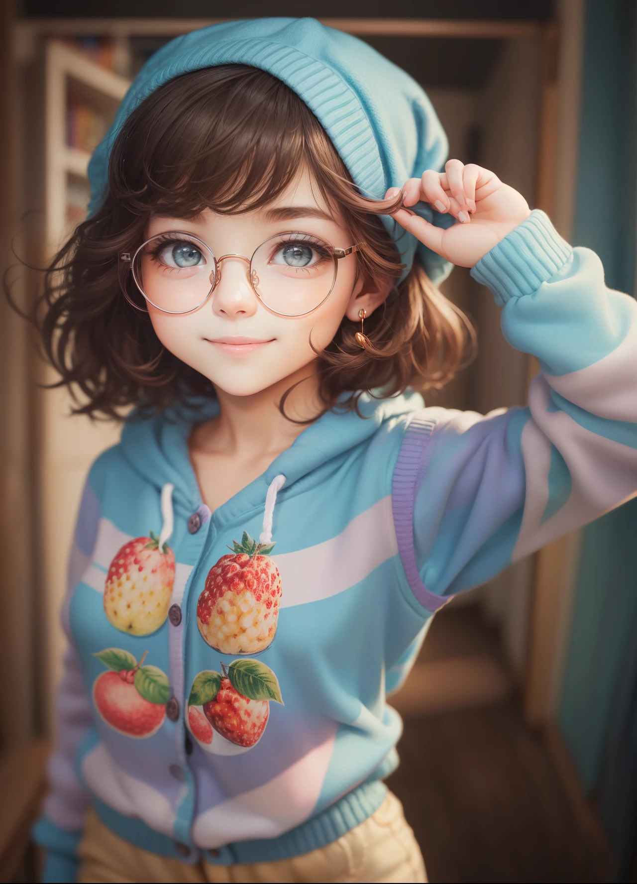 (obra-prima), (melhor qualidade), (ultra-detalhado), (corpo inteiro: 1.2) baby bonita e fofa, Eyeglasses, tema frutas, capuz, moletom colorido, Knitted jumpsuits, Pants, jaqueta, blusa, sorriso claro, corpo inteiro, :3, fundo tom pastel , colorido e simples. --auto --s2