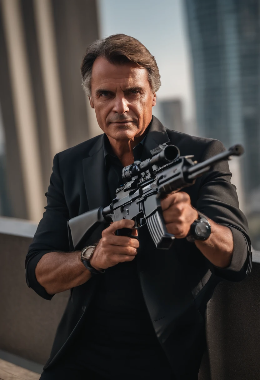 50-year-old man in a black suit at the top of a skyscraper armed with a rifle, Jair Messias Bolsonaro, m4a1, firegun, (((8k, foto RAW, melhor qualidade, obra-prima:1.4))), ultra high-resolution, ultra-detalhado, 插圖, (((solo))), Hyperrealism, blurry, blurry, motion blur, cinematic lighting, depth of field, vanishing point, atmospheric perspective, first-person view, Nikon, Ultra-Wide Angle