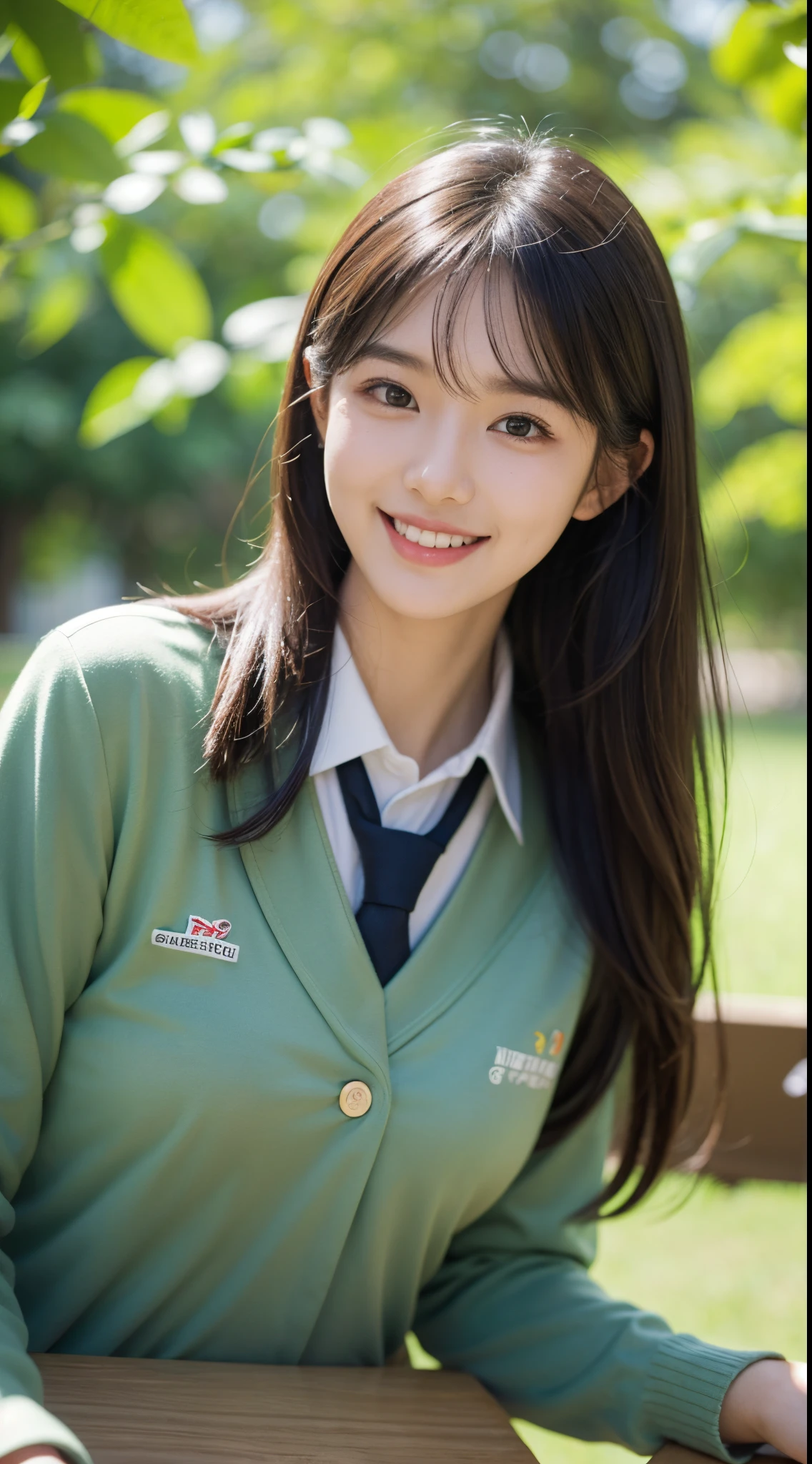girl, long whitr hair，japanes ,Happy smile, red school uniform,，schools, Stand up，Side Body, actual,with dynamism, Green background, Extremely Delicately Beautiful, The is very detailed