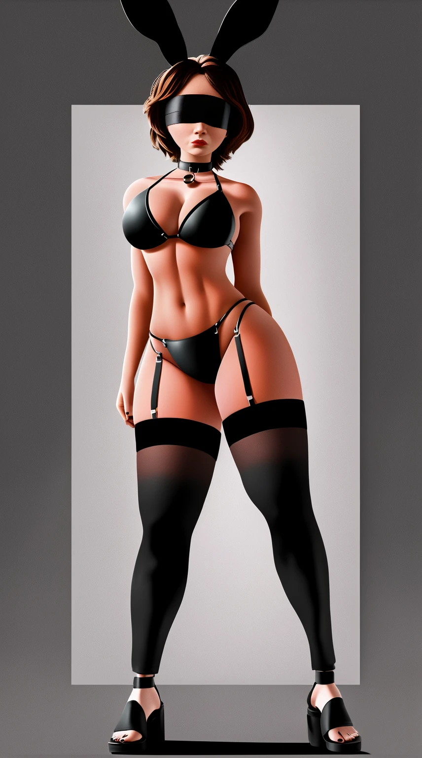 SFW Aunt Cass, standing straight symmetrical, full body, solo girl looking to the camera, blindfolded, cow bell choker, metal sandals, black bikini, black bunny ears, black thigh highs, grey background