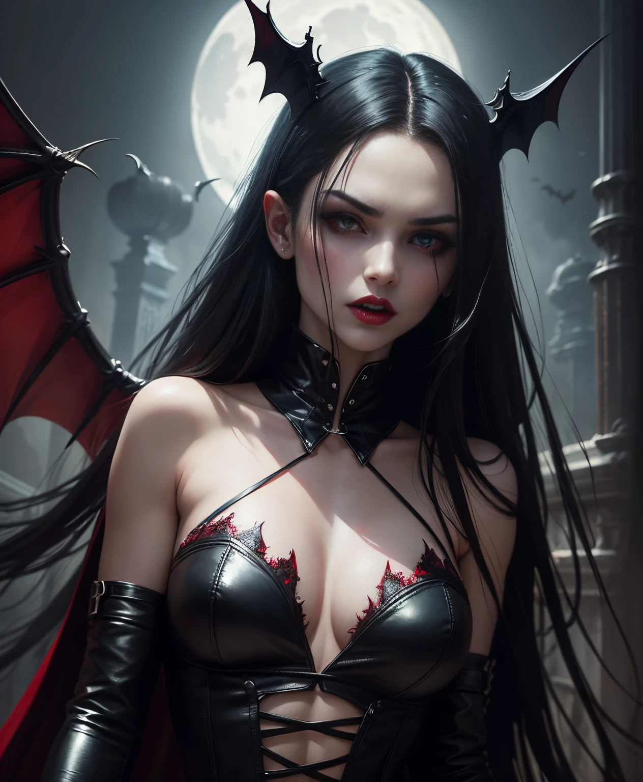 female vampire,red eyes,long fangs,long black hair,fierce expression,dark red lips,thin body,sexy outfit,black leather,gothic style,moonlit background,dramatic lighting,blood splatters,bat wings,seductive pose,blood red cape,night scene,detail-oriented,highly realistic,artistic rendering,vivid colors,sharp focus,photorealistic,horrifying beauty,horror genre,exquisite portrait