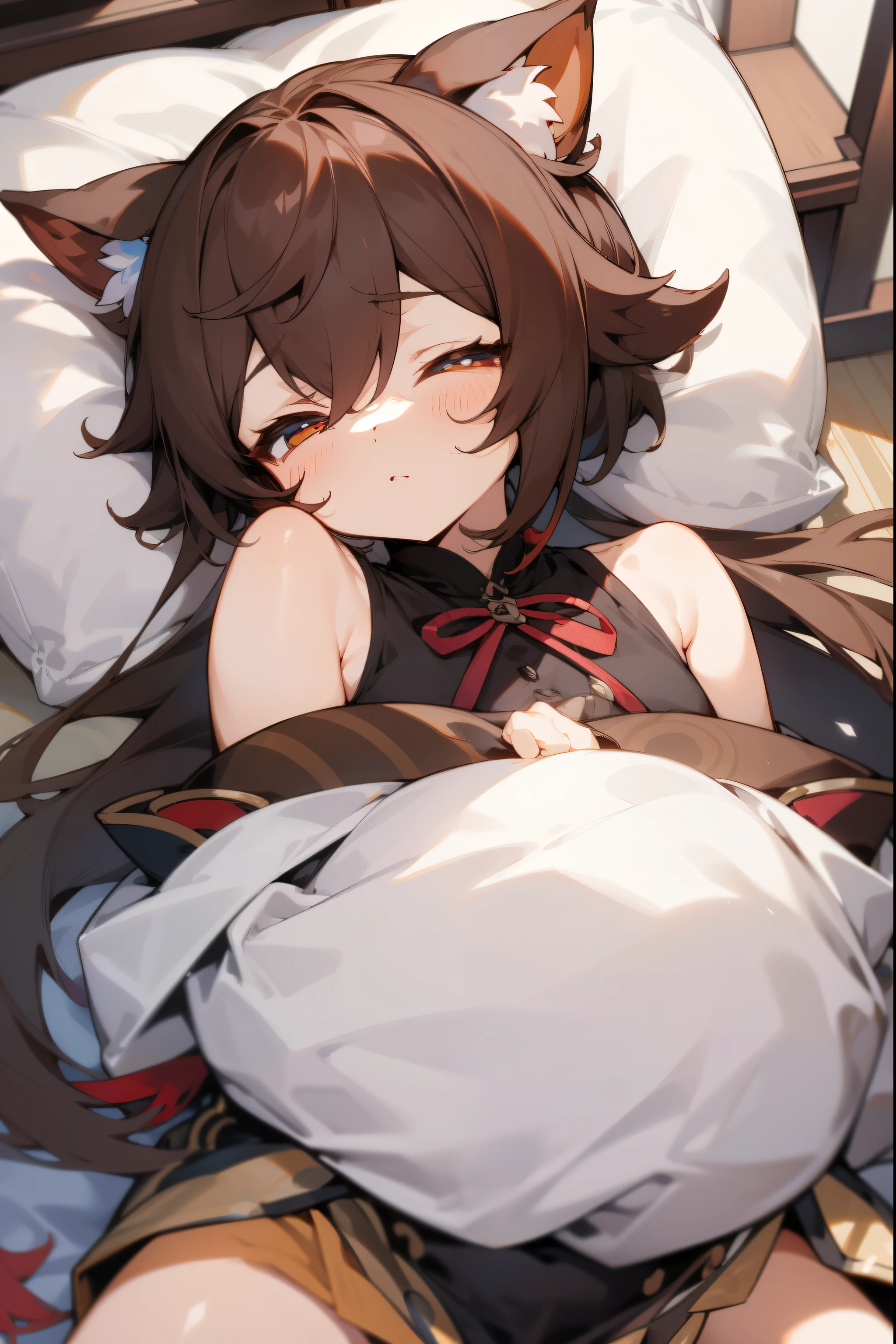 （（tmasterpiece，Best quality at best））Genshin walnut，独奏， Ultra-detailed eyes，Upper part of the body，exposed bare shoulders，Playful and cute，校服，sleepily