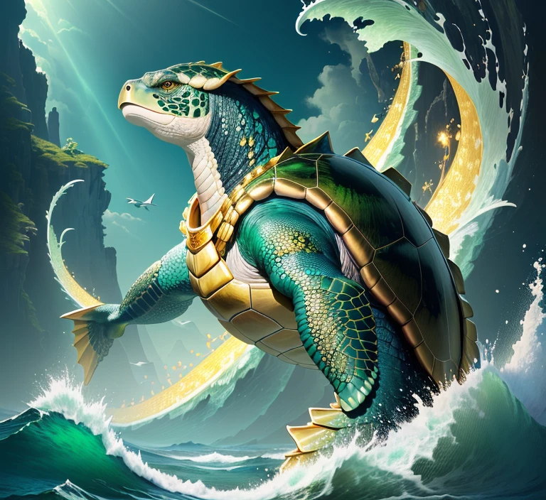 (best quality,4k,8k,highres,masterpiece:1.2),ultra-detailed,realistic:1.37,green sea turtle,golden head,golden tail,shiny Chinese turtle,huge green sea turtle!!!,conceptual artwork of Chinese turtle,scaly,legendary creature