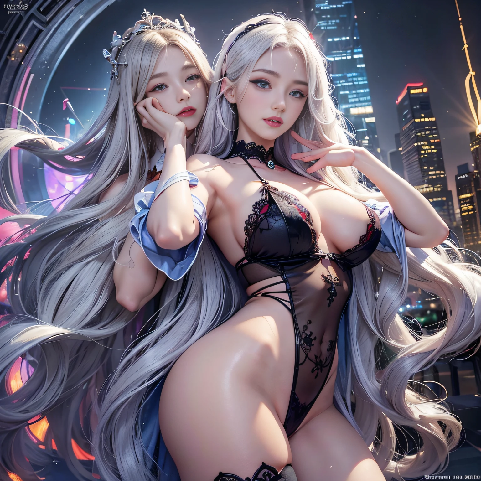 Blonde gray hair, Straight hair, Spread hair, Long hair, PUPILS SPARKLING, long eyelashes, Blue eyes, makeup, Smile, Color Field Painting, Contemporary art, Northern Renaissance, Blurred, blending, From below, From Side, the panorama, ultra wide-angle, Wide Angle, F/1.8, 135 mm, canon, nffsw, retinas, masutepiece, Elaborate, Anatomically correct, Skin Texture, Super Detail, high detailing, High quality, hight resolution, 1080p, hard disk, 4K, 8K, of the highest quality, Sexy Pose (Neon lights of skyscrapers glitter in the background),(Black lace panties)(top-quality)、 (masterpiece)、(Professional lighting with fewer shadows)、 (A hyper-realistic)、 (perfect anatomia)、 (In front of the camera、There are two women、Daughter showing breasts and daughter showing ass、Bangs and forehead、And moles under the eyes), ( Huge breasts:1.3), (Bright and even whitening skin without wrinkles and steps:1.5), (Beautiful blue eyes with long eyelashes and red tear bags:1.5)、 (Although her costume is naked, Only sailor collars are worn as small pieces of cloth:1.5), (Two people are surrounded by flowers, Proudly stick out your chest in front of the camera:1.2), (Another person on the other side、Turned back with arched hips、Expose your proud big ass:1.3), (One hand behind the head, A beautiful face is a beautiful smile with lowered eyebrows),