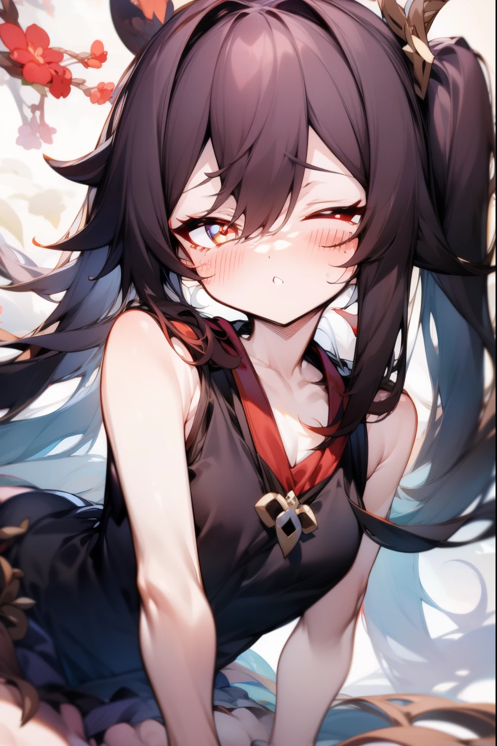 （（tmasterpiece，Best quality））Genshin walnut，独奏， Ultra-detailed eyes，Upper part of the body，exposed bare shoulders，Playful and cute，校服，sleepily