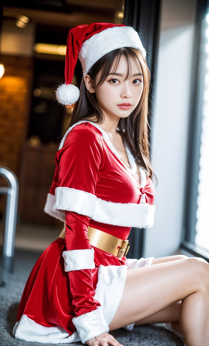 ulzzang -6500-v1.1, (Raw foto:1.2), (Photorealsitic:1.4), a beautiful detailed girl, extremely detailed eye and face, beatiful detailed eyes, Ridiculous, unbelievable Ridiculous, huge filesize, ultra-detailliert, hight resolution, ighly detailed, top-quality, masterpiece, Kemomimi, ((miniskirt santa claus costume)), illustratio, ighly detailed, nffsw, unification, 8k wallpaper, astonishing, finely detail, masterpiece, top-quality, Highly detailed ticker uniform 8K wallpaper, face lights、Cinematographic lighting、1girl in、、(witheout panties)、((dynamicposes)))、(camel's toe)、(half)、、(Crooked knees and legs sitting))