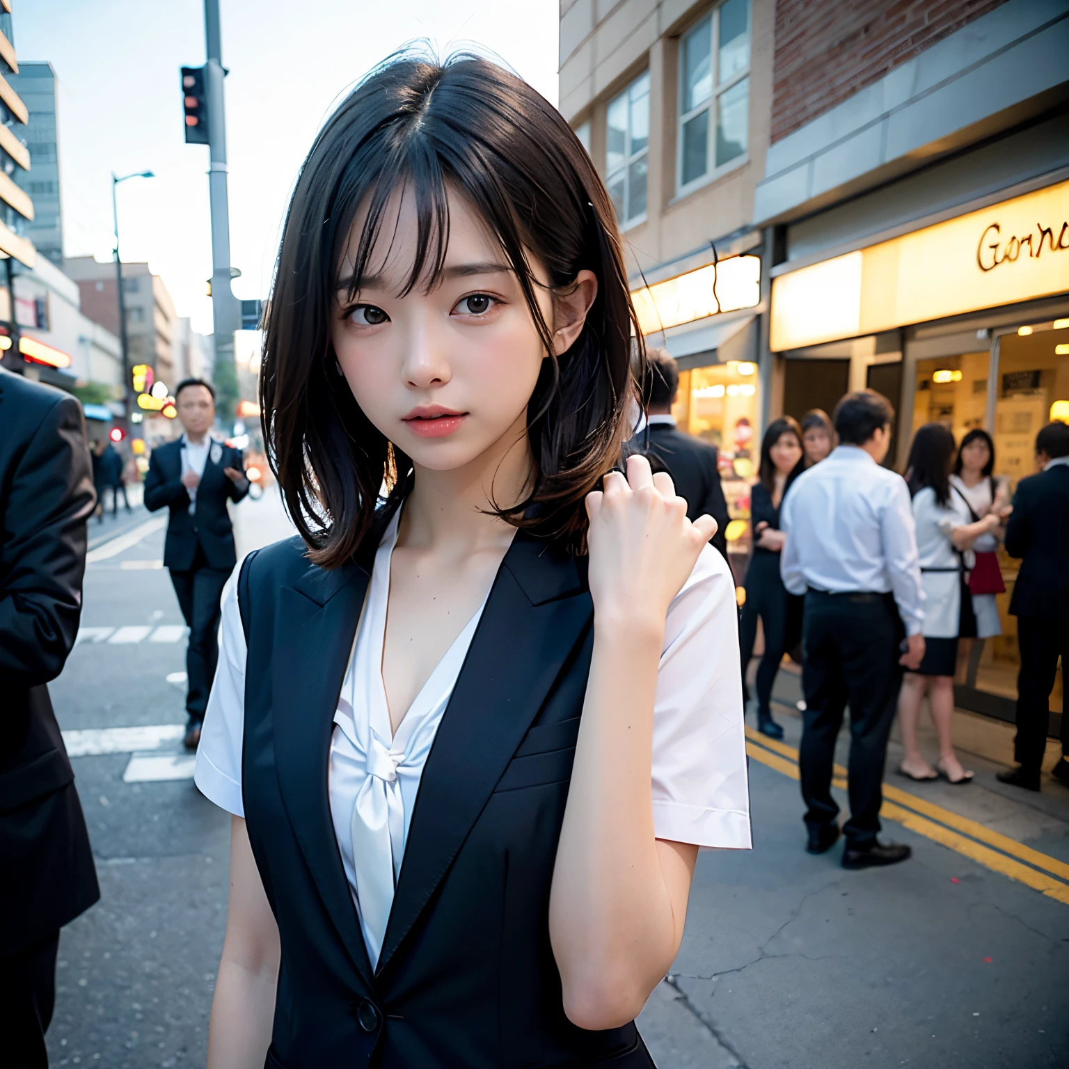 (masutepiece, Best Quality:1.2), 8K, Official art, Full body photo, full body Esbian、Back angle、turned around、cute butt、Suits、Embarrassing black hair、14years、small tits、Eyes closed、Deep sadness、Sorrow、look up sky、screeming、 unbelievable Ridiculous, (Upper body, Dark blue suit:1.4), Beautiful Girl, Pretty Face, arching back down, cute panty、Gold hair ornament on hair、Wearing a cute suit、close up, Wearing a suit, Short sleeve, gardenia, violaceaess, Teen, Street, Looking at Viewer, Film grain, chromatic abberation, Sharp Focus, face lights, Dynamic lighting, Cinematic lighting, Eyes and faces with detailed, Bokeh background, (Tie with Emma written on it、1 copy:1.2)