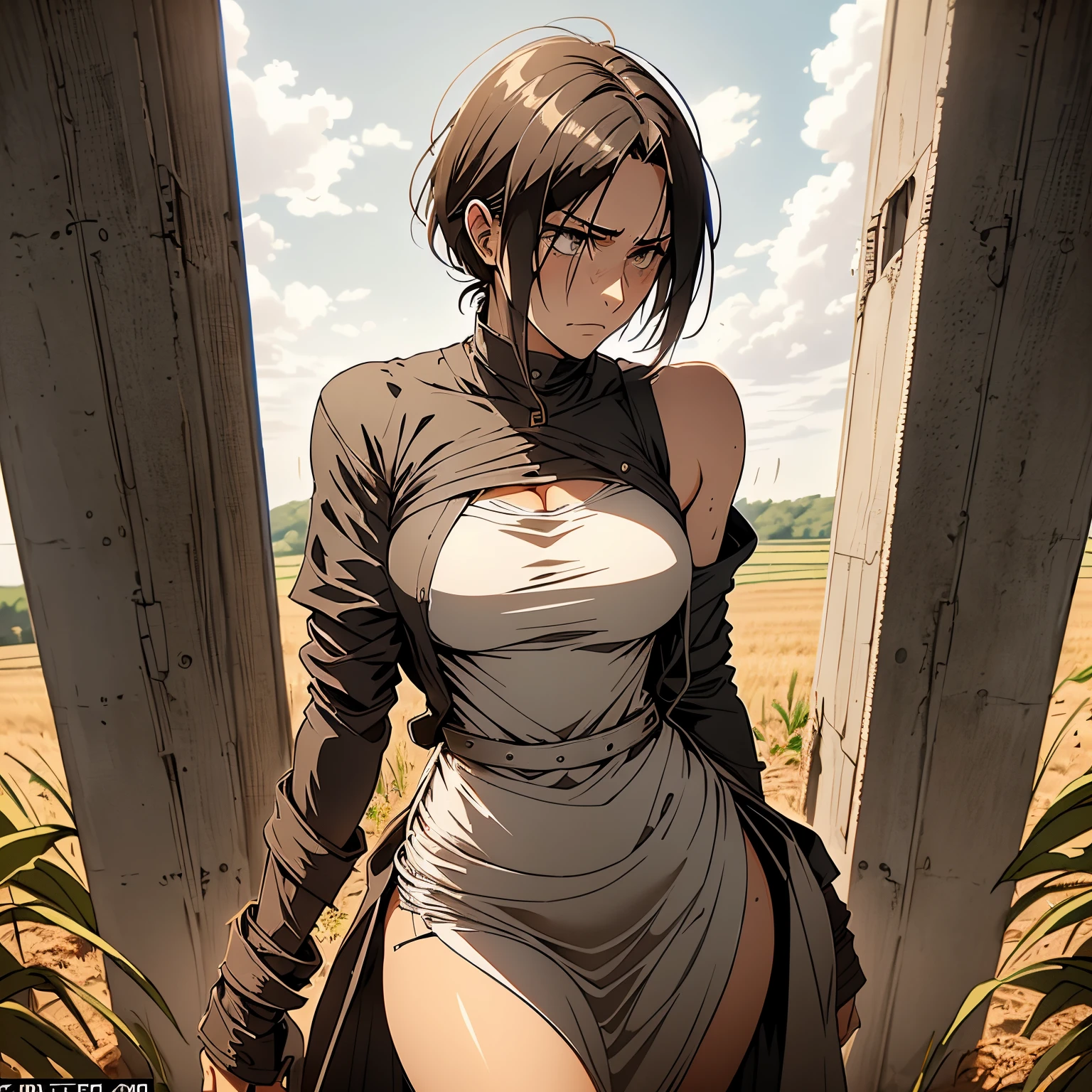 Capture the poignant transformation of a mature Eren Yeager at 40, compelled by circumstances to adopt a life as a woman after being captured by the enemy. Placed against a farm backdrop with crops stretching into the distance, she stands confidently in a plain, short, one-piece dress with thin straps and a deep neckline. The dress, symbolizing acceptance, complements her battle-worn boots. Highlight her mature physique, including a developed chest and white hairs, portraying the passage of time. Convey the complexities of her gaze, telling the story of a warrior who has faced challenges with unwavering resolve