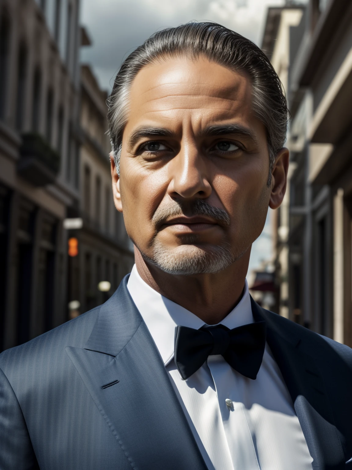 realisticlying,top-quality,tmasterpiece,cinematic compositions,slow motion,(Medium shot of the godfather of the mafia,Vicissitudes of handsome face,sbeard,whaite hair:1.2),Business suit,(Realistic and detailed|Complex suits:1.1),(Visible face:1.3),(Realistic physiognomy|The eye|irises|The skin|Muscle tissue,Detailed skins,skin textures,Natural skin), Frontal perspective,Imposing and firm posture,Look forward firmly,skin blemish,Natural skin wrinkles,Natural skin spots,Highly detailed clothes,rich details,intricately details,Realistic wrinkles in clothes,Mafia fantasy landscape,mostly cloudy sky,Edifice in the background in the distance,Radiant illumination,deep shading,dramatic scene