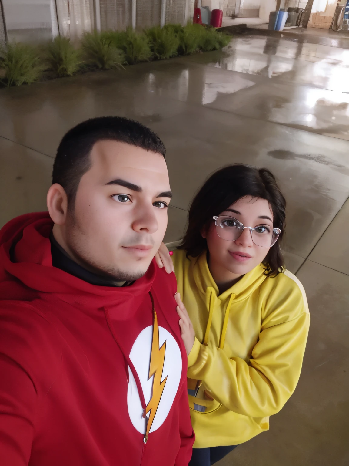 there is a man and a woman together in a garage, imagem de perfil, wearing red and yellow hero suit, foto do perfil, foto de perfil, imagem de qualidade muito baixa, foto de perfil 1024px, foto de perfil, vestindo roupas vermelhas e amarelas, imagem do avatar, Directed by: Randy Gallegos, Foto de perfil, Noite!, imagem flash, chuva!!!!, with lightning bolts