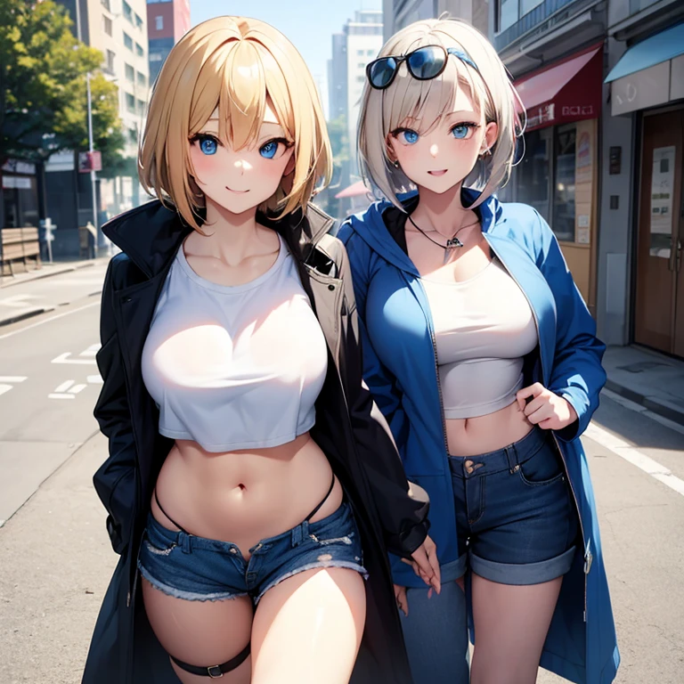 2D Anime Style、Blue eyes、breasts are slightly larger、Blonde Shorthair、cool and beautiful adult woman、Laughing、full bodyesbian、Winter outdoor、She is wearing shorts, sunglasses, a top that shows off her stomach, and a long coat.