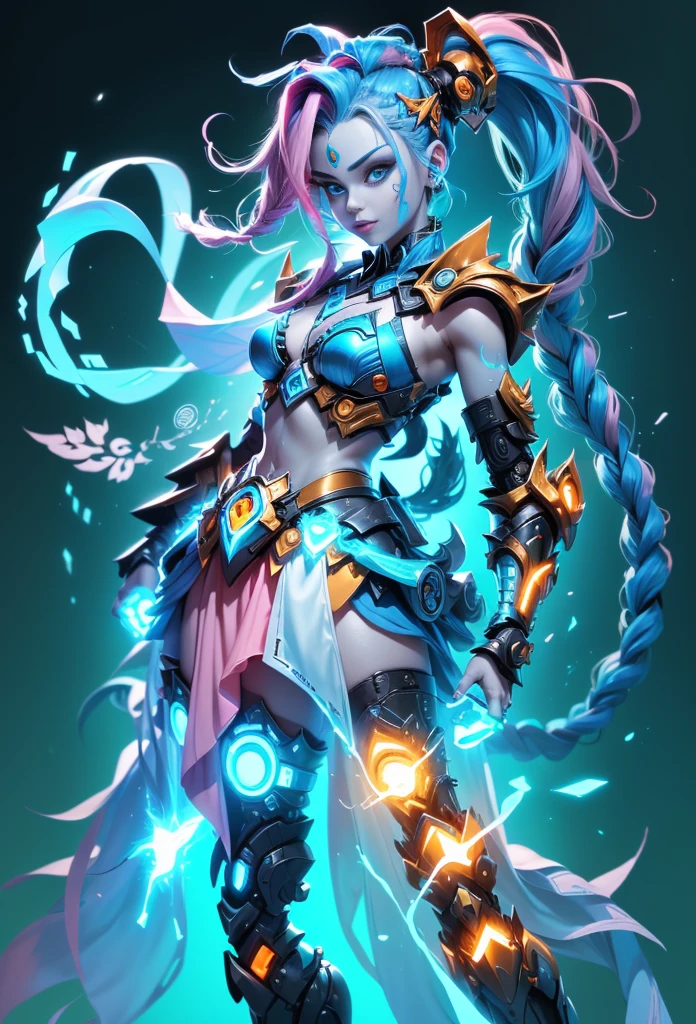 Jinx1024, Game character design,3D character rendering,(((Vector illustration style))),League of Legends Jinx,((1girl,(Blue double ponytail: 1.5),(Blue braids: 1.5),Red eyes,big laughter,future warrior,(Pink mechanical skirt: 1.2),(A luminous magazine is tied around the waist: 1.2),Decorated with luminous lines and rivets,With streamer effect or LED light embellishment,Hand holding laser cannon、Ion cannon or pulse cannon)),((hair design:Brilliant deep blue,Add some glowing elements,Futuristic headgear such as orange photoelectric glasses or head-mounted display)),((Expression design:Add some glowing lines or orange LED light effects to the facial decoration,Design different facial expressions,Highlight the image of future warriors)),(action design:On the move、When releasing a skill or attacking,Add some special effects and animations,Highlight the sense of future and combat),((Special effects design:Add cool orange light effects、Electromagnetic wave effect or virtual interface,Enhance the visual impact of skin)), (((standing on your feet,Metal heels: 1.8, Glowing lines or orange LED light effect))), (full body shot of: 1.5),jinx (league of legends),(starryskybackground,simplebackground))