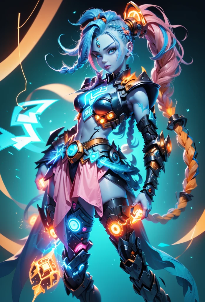 Jinx1024, Game character design,3D character rendering,(((Vector illustration style))),League of Legends Jinx,((1girl,(Blue double ponytail: 1.5),(Blue braids: 1.5),Red eyes,big laughter,future warrior,(Pink mechanical skirt: 1.2),(A luminous magazine is tied around the waist: 1.2),Decorated with luminous lines and rivets,With streamer effect or LED light embellishment,Hand holding laser cannon、Ion cannon or pulse cannon)),((hair design:Brilliant deep blue,Add some glowing elements,Futuristic headgear such as orange photoelectric glasses or head-mounted display)),((Expression design:Add some glowing lines or orange LED light effects to the facial decoration,Design different facial expressions,Highlight the image of future warriors)),(action design:On the move、When releasing a skill or attacking,Add some special effects and animations,Highlight the sense of future and combat),((Special effects design:Add cool orange light effects、Electromagnetic wave effect or virtual interface,Enhance the visual impact of skin)), (((standing on your feet,Metal heels: 1.8, Glowing lines or orange LED light effect))), (full body shot of: 1.5),jinx (league of legends),(starryskybackground,simplebackground))