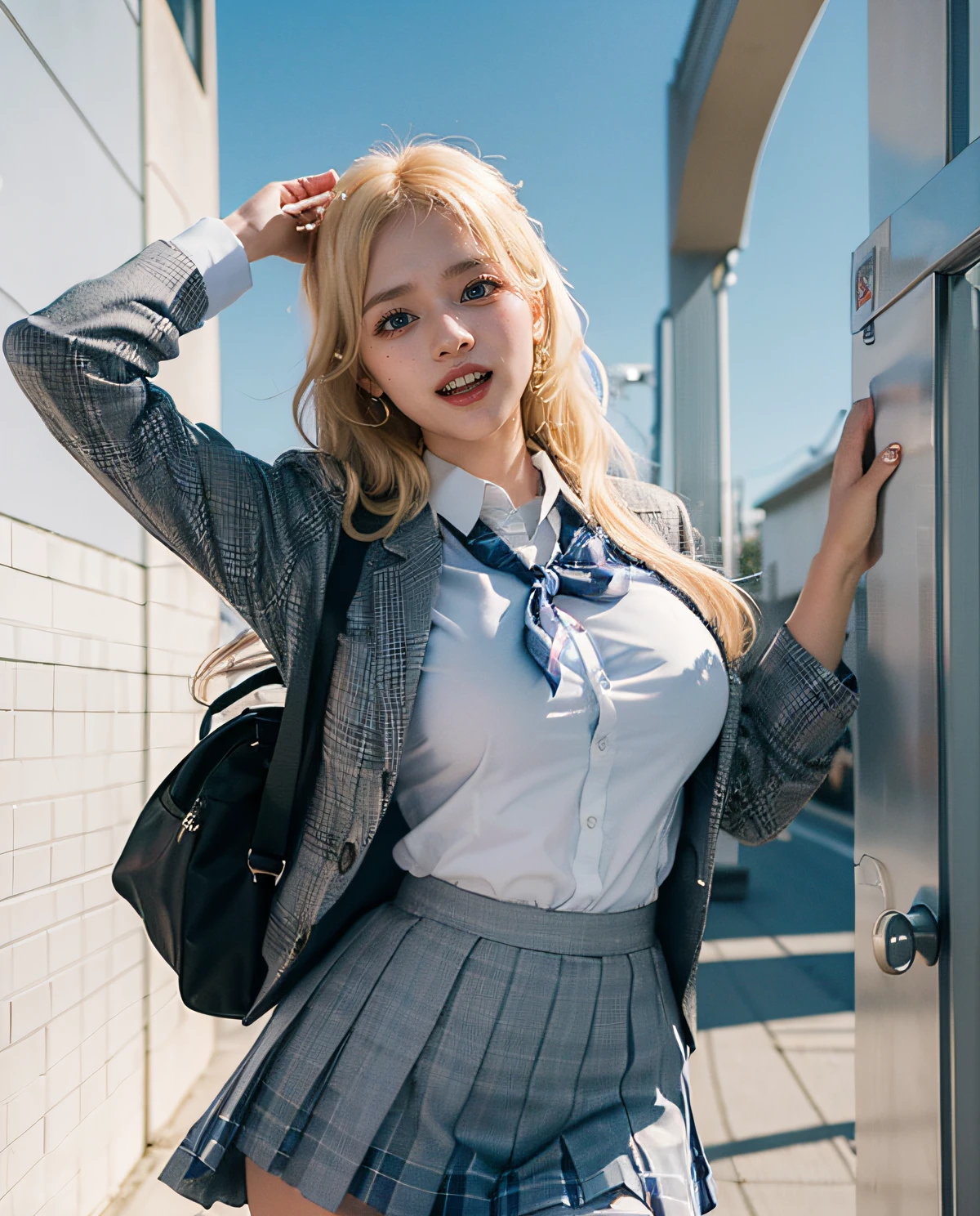 1girl, (Blue eyes), (laughing), (Sana Minatozaki), wide hips, Big Boobs, big ass, (Best Quality, 8k, Masterpiece: 1.3), perfect hands, Clear Focus: 1.2, Perfect Body Beauty: 1.4 , Slender Abs: 1.2, Highly detailed face and skin texture, detailed eyes, double eyelids, (blonde long hair), (white dress shirt :1.2), (gray school blazer), (plaid skirt flying in the air), ((japanese school uniform)), ((schoolgirl :1.3)), running, at the entrance of a Japanese school