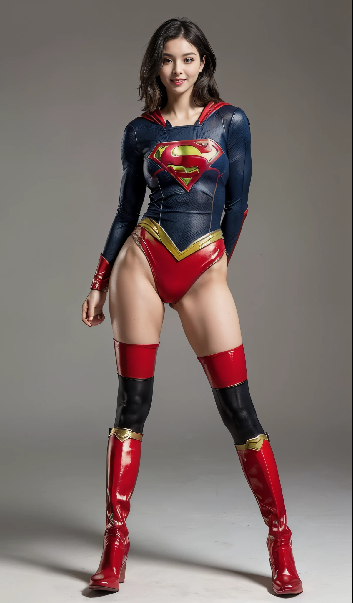 Suffering、mouth is always open sloppily、Drool is always dripping from my mouth、Asian Beautiful Girl、(((Wear black tights on your beautiful legs.)))、(((beauty legs)))、(((facial expression of smile)))、((((Make the most of the original image)))、(((Supergirl Costume)))、(((a short bob、beautiful hairl)))、(((Suffering)))、(((Feet must necessarily be worn with black tights)))、(((You need to wear red boots)))、((Top image quality、8K))、((top-quality、8K、​masterpiece:1.3))、(((Keep your background simple)))、Crisp focus:1.2、Beautiful woman with perfect body shape:1.4、Slender Abs:1.2、a wet body:1.5、Highly detailed facial and skin texture、8K、beauty legs