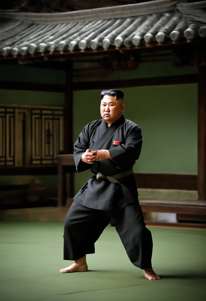 A photo of Kim Jong-un at a traditional Korean martial arts dojo,original,Kim Jong-un, the North Korean leader, is known for his distinctive appearance: a round face, a distinctive haircut with shaved sides and longer hair on top, and a stocky build. He is often seen in public wearing suits or military-style attire, which adds to his authoritative image.