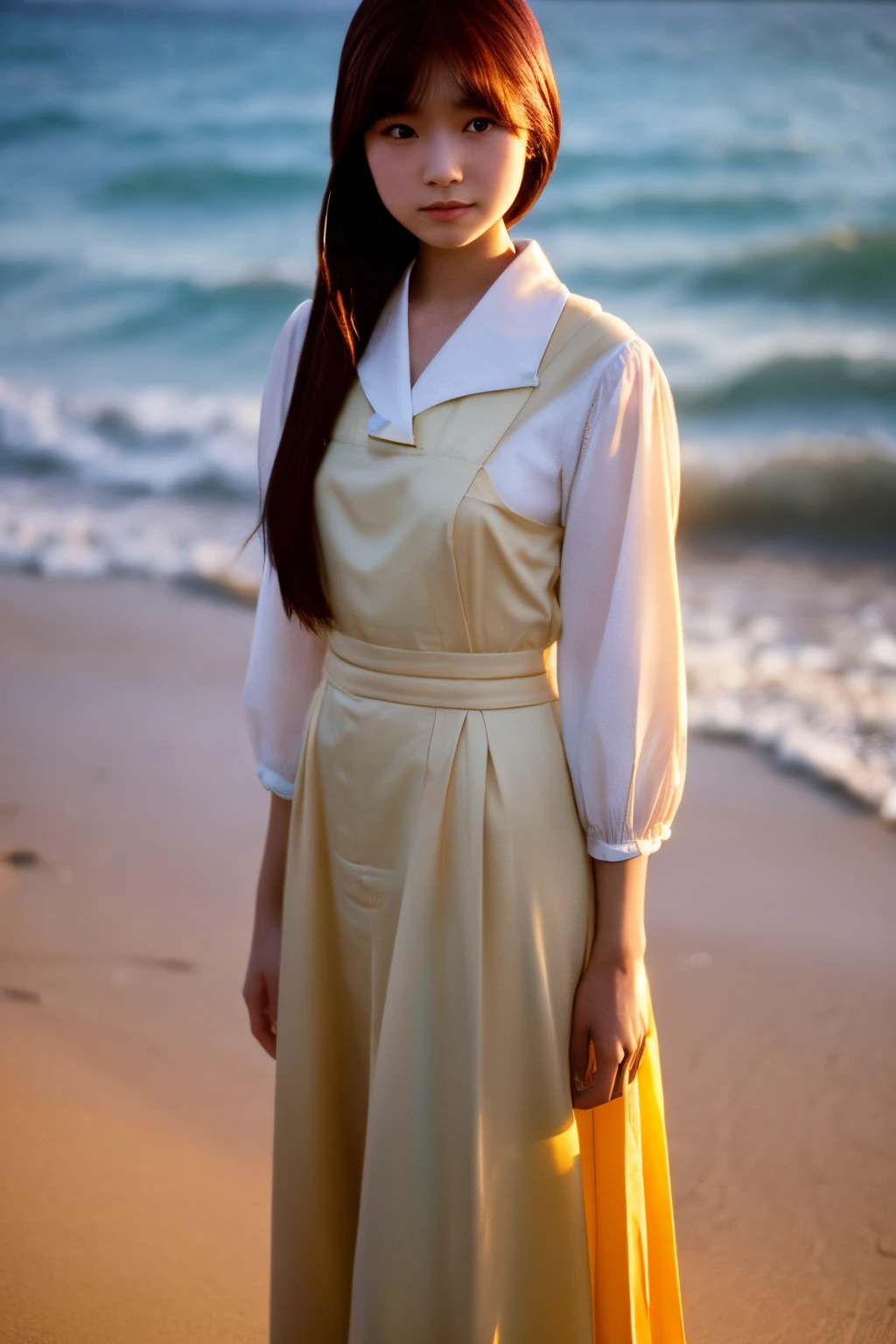 japanes　femele　１８age　１９８０Period Fashion　A slender　standing on sunset beach　length hair